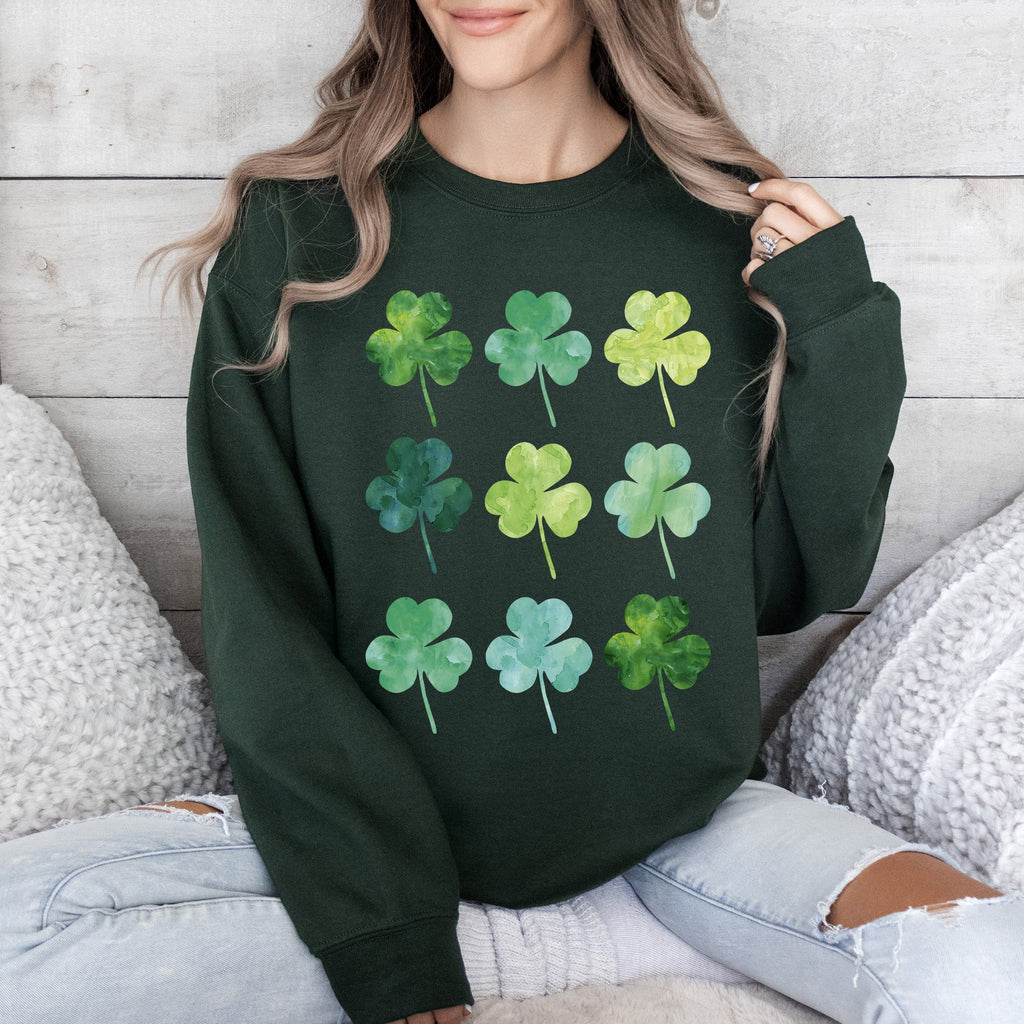 Watercolor Shamrocks In Rows St Patrick's Day Theme Artwork For Festive Gatherings Soft Cotton Blend Sweatshirt