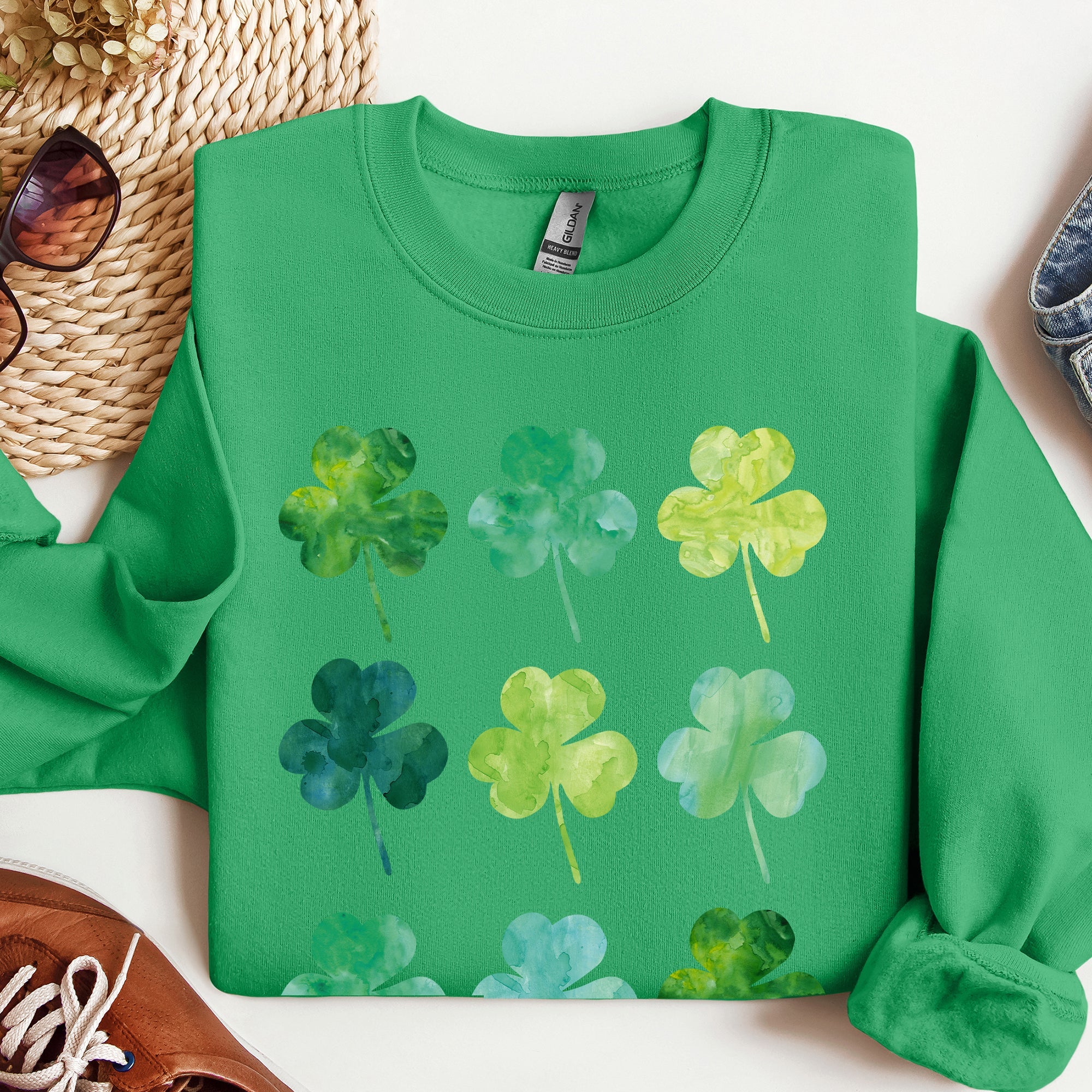 Watercolor Shamrocks In Rows St Patrick's Day Theme Artwork For Festive Gatherings Soft Cotton Blend Sweatshirt