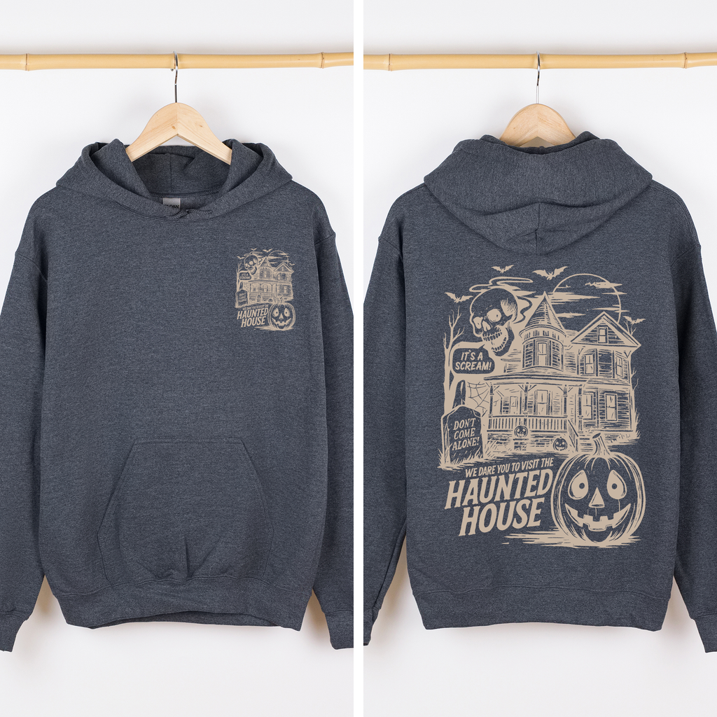 We Dare You To Visit The Haunted House Vintage Inspired Halloween Pumpkin Graphic Hoodie