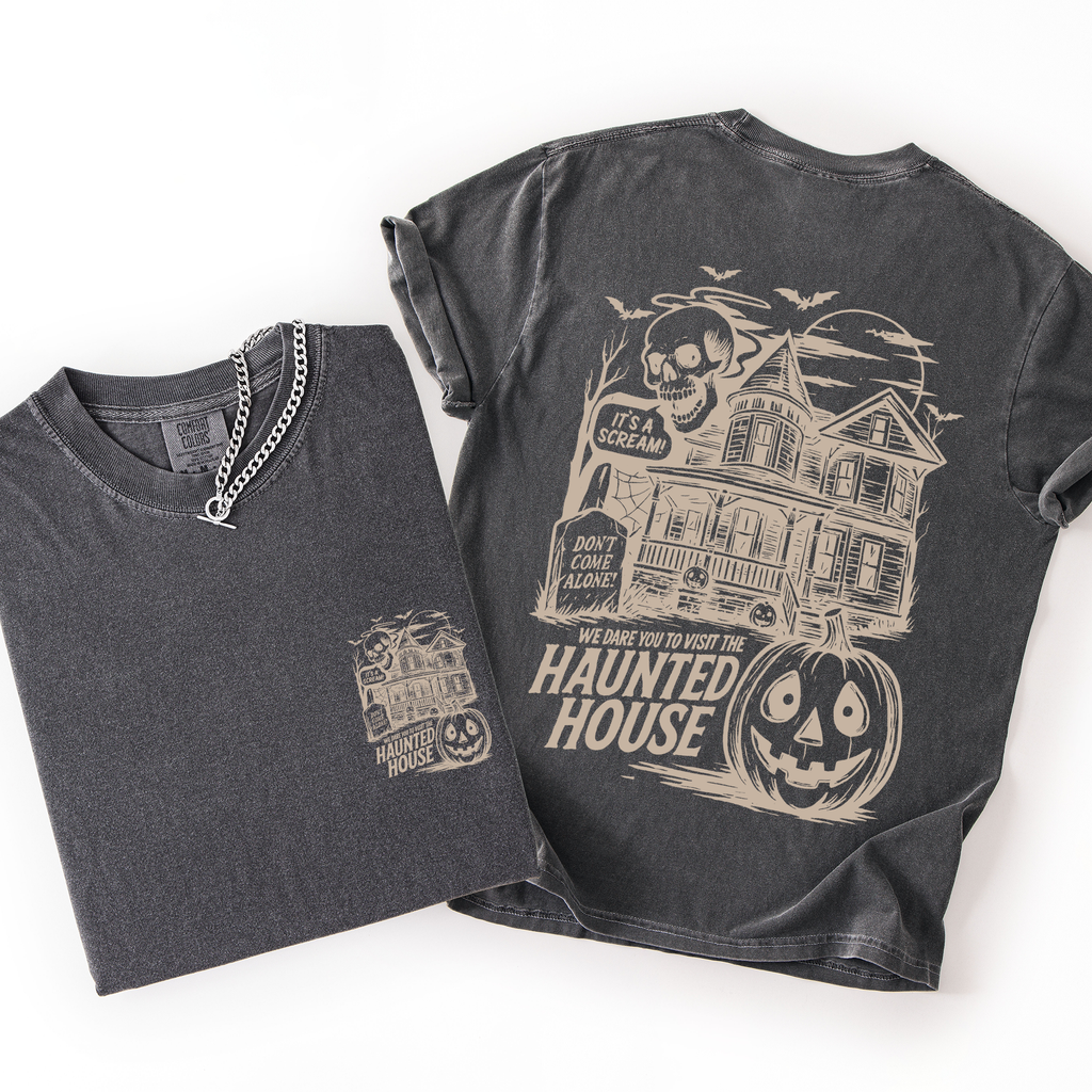 We Dare You To Visit The Haunted House Spooky Halloween Pumpkin Comfort Colors Tee