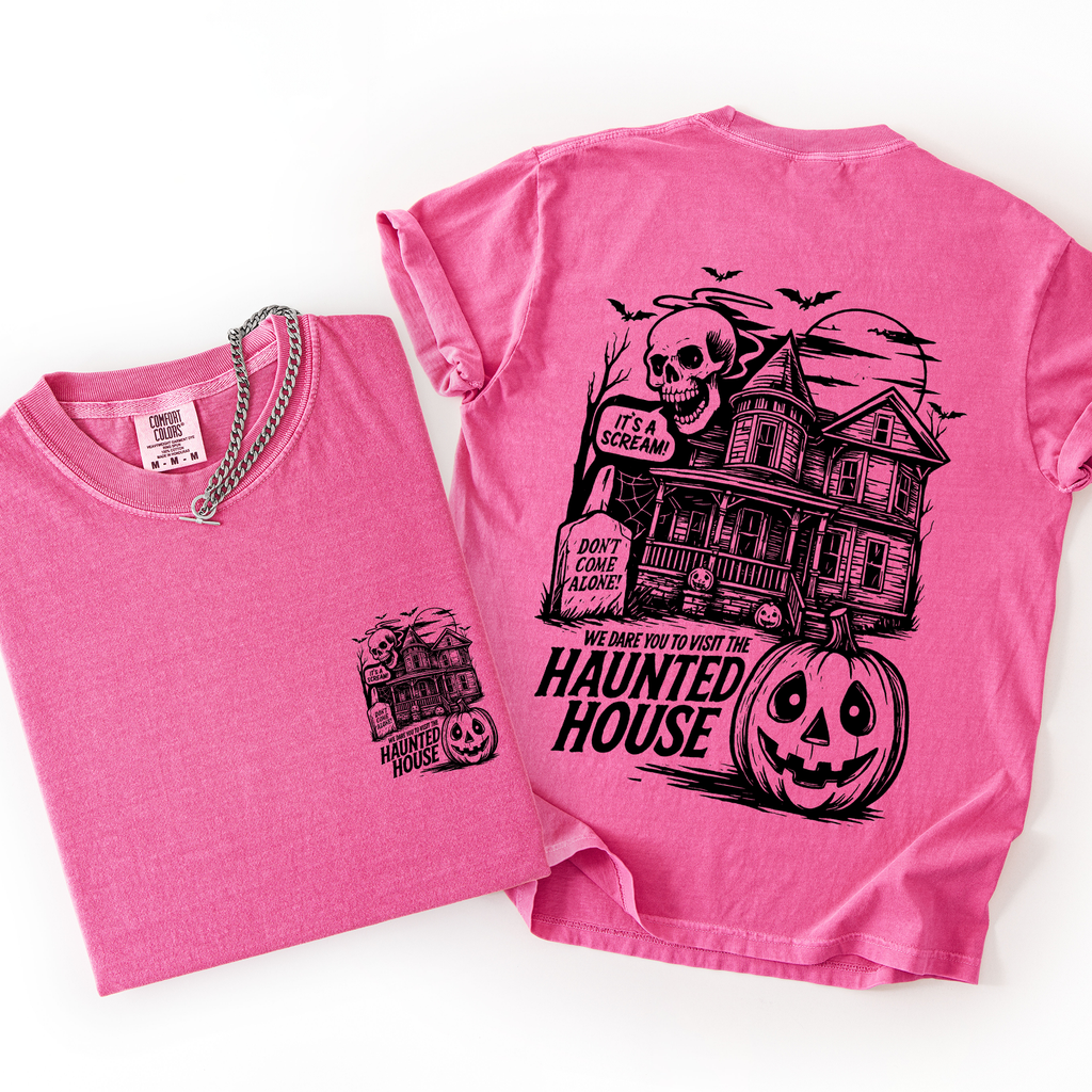 We Dare You To Visit The Haunted House Spooky Halloween Pumpkin Comfort Colors Tee