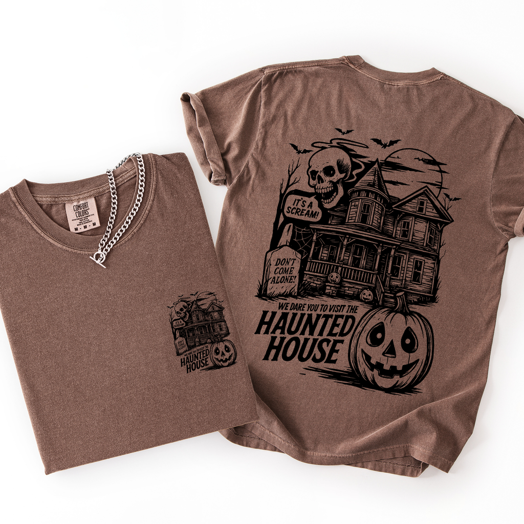 We Dare You To Visit The Haunted House Spooky Halloween Pumpkin Comfort Colors Tee