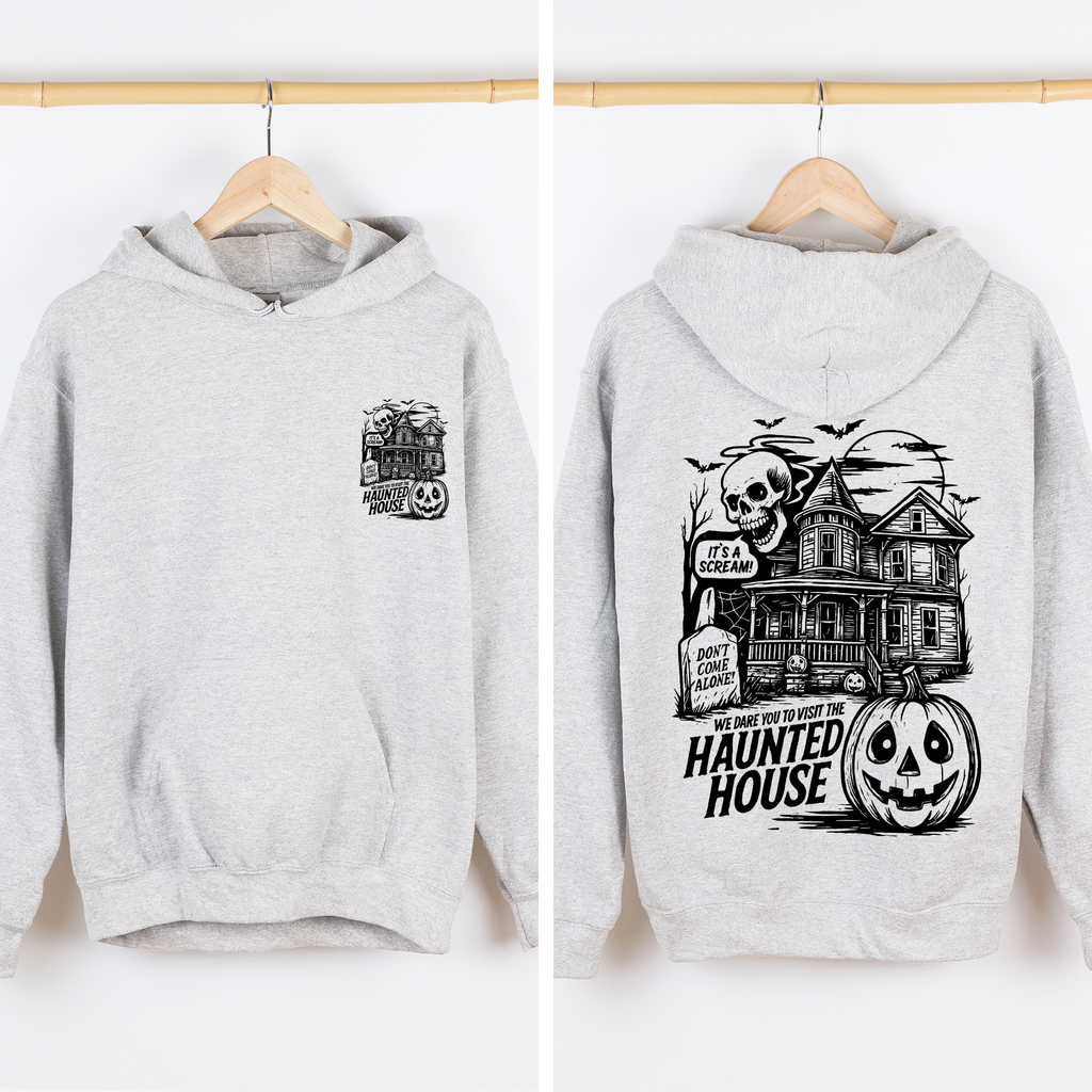 We Dare You To Visit The Haunted House Vintage Inspired Halloween Pumpkin Graphic Hoodie