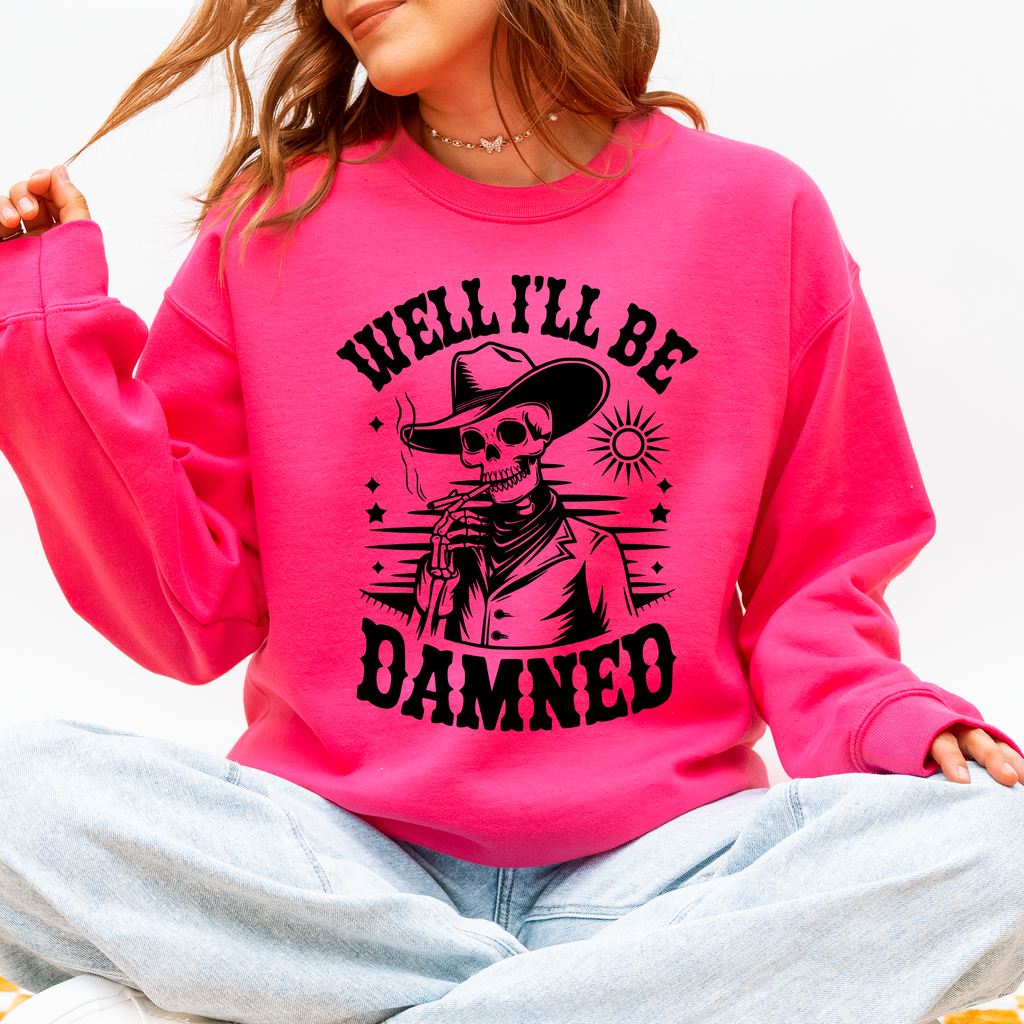 Well I'll Be Damned Skeleton Halloween Cozy Graphic Typography Ornaments Edition Sweatshirt