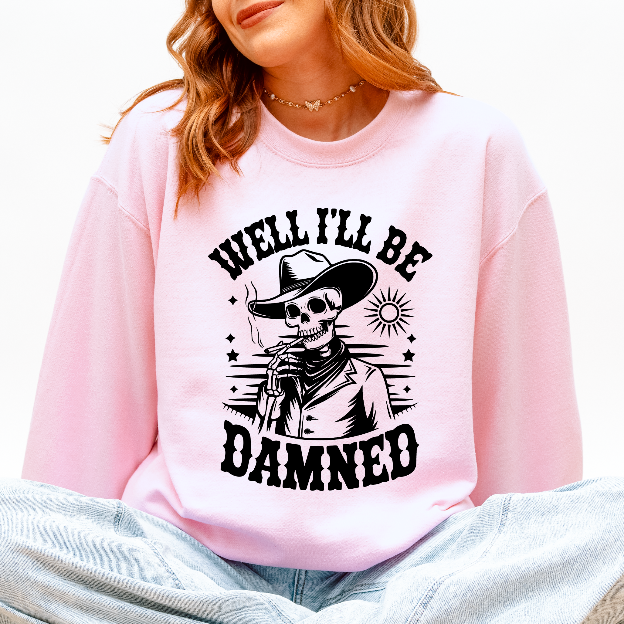 Well I'll Be Damned Skeleton Halloween Cozy Graphic Typography Ornaments Edition Sweatshirt