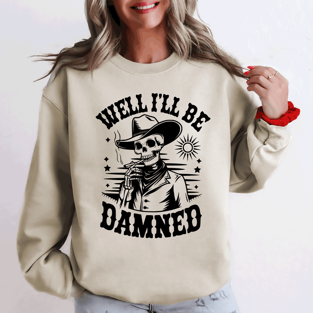 Well I'll Be Damned Skeleton Halloween Cozy Graphic Typography Ornaments Edition Sweatshirt