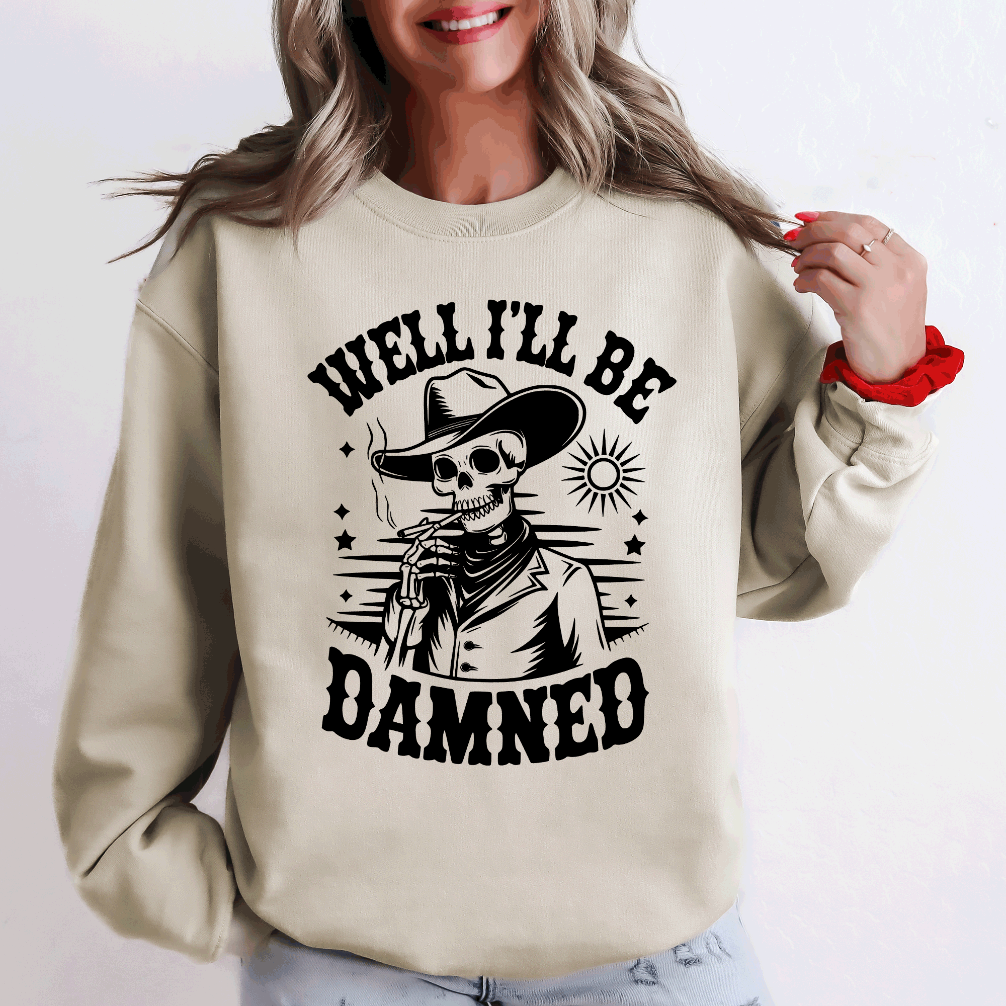 Well I'll Be Damned Skeleton Halloween Cozy Graphic Typography Ornaments Edition Sweatshirt