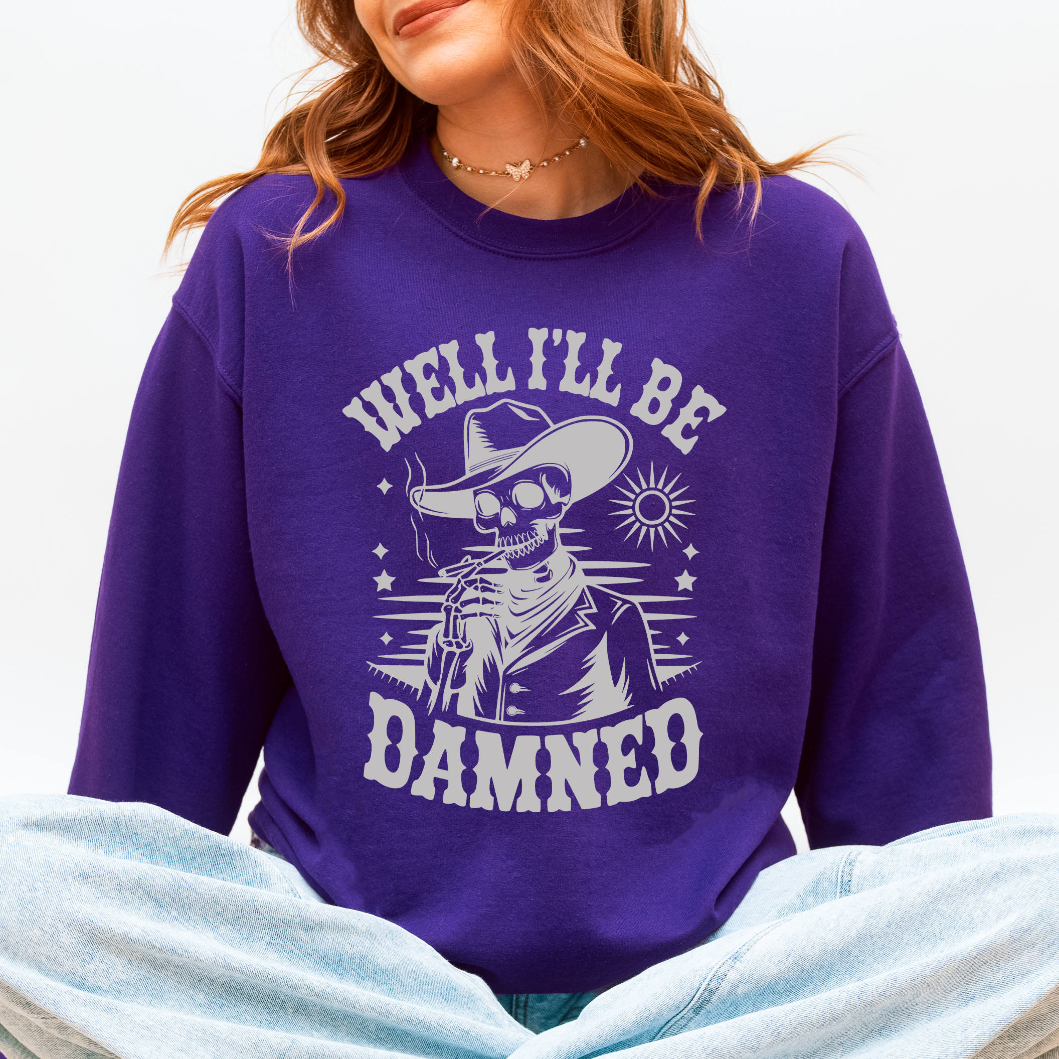 Well I'll Be Damned Skeleton Halloween Cozy Graphic Typography Ornaments Edition Sweatshirt