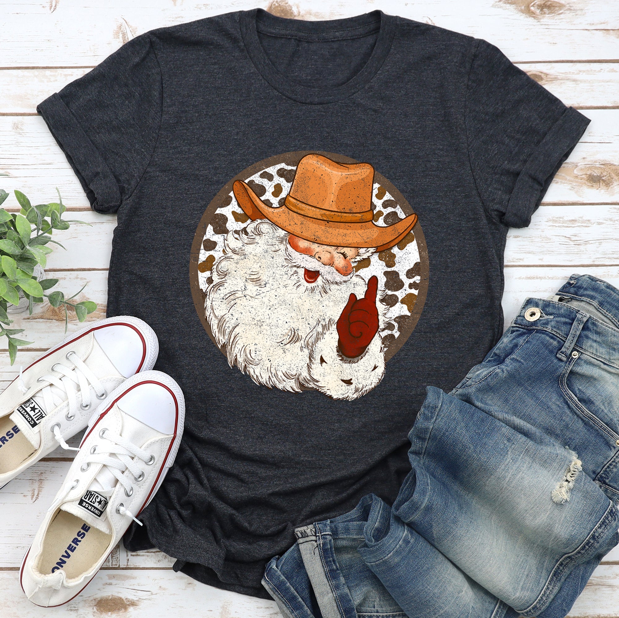Western Cowboy Santa Hat Cow Print Christmas Retro Vintage Ultra Soft Graphic Tee