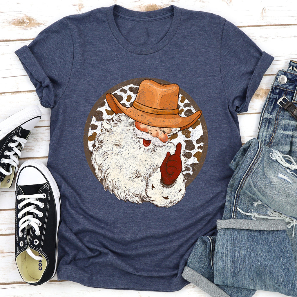 Western Cowboy Santa Hat Cow Print Christmas Retro Vintage Ultra Soft Graphic Tee