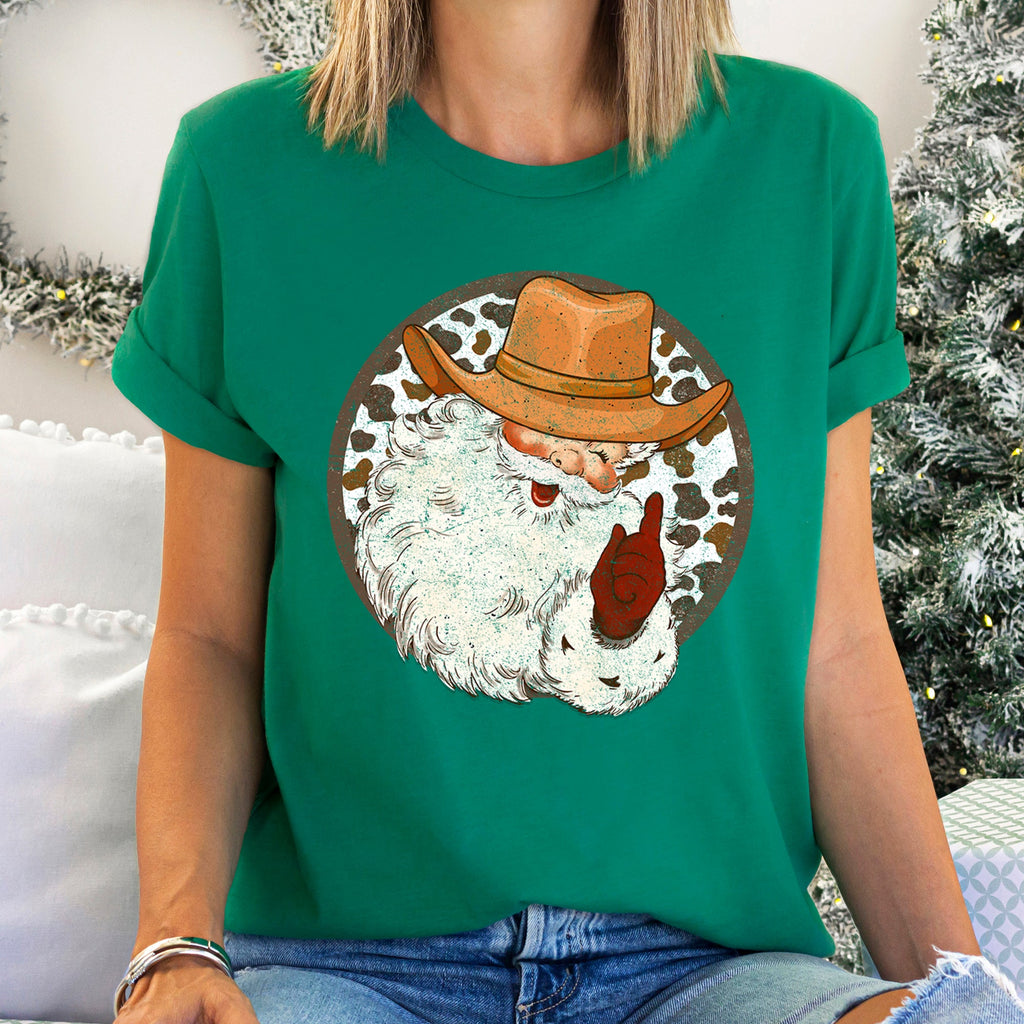 Western Cowboy Santa Hat Cow Print Christmas Retro Vintage Ultra Soft Graphic Tee