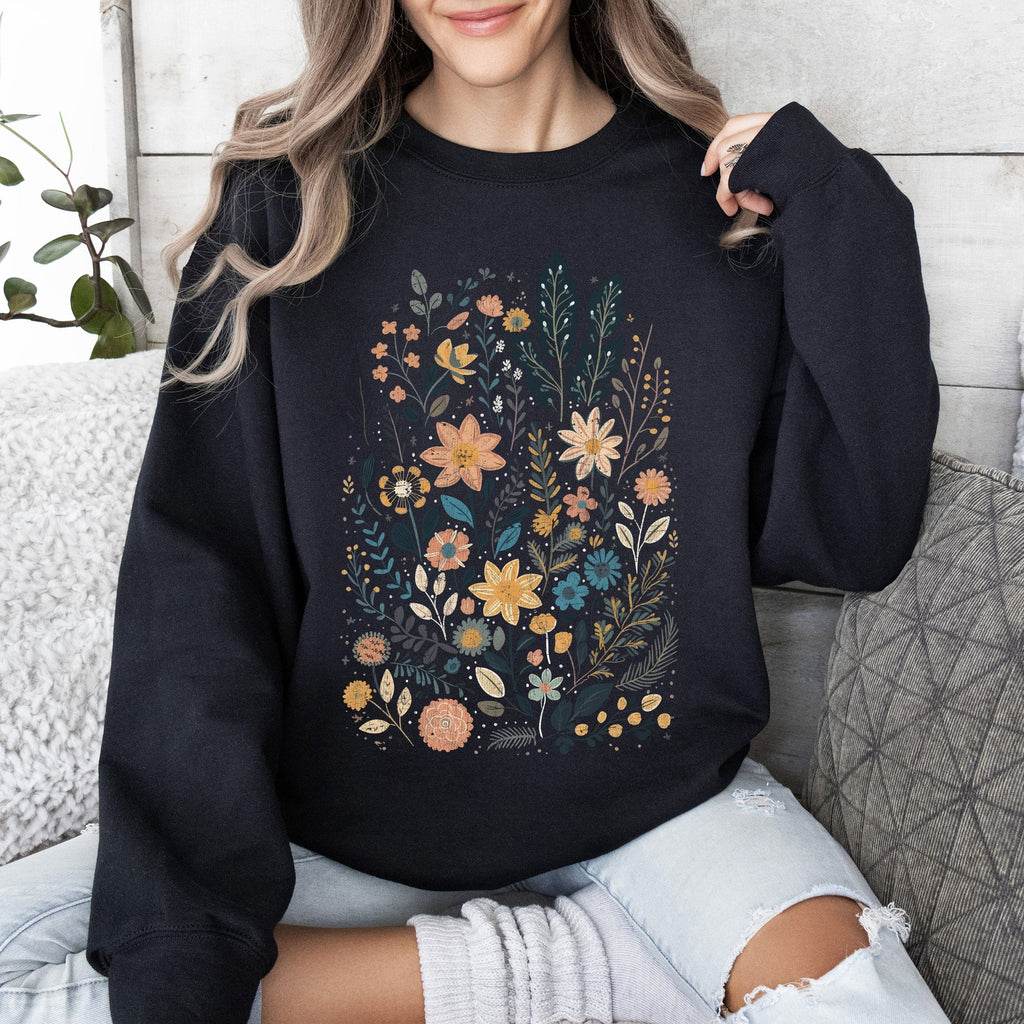 Whimsical Garden Floral Design With Delicate Petals And Lush Leaves And Blooms Sweatshirt