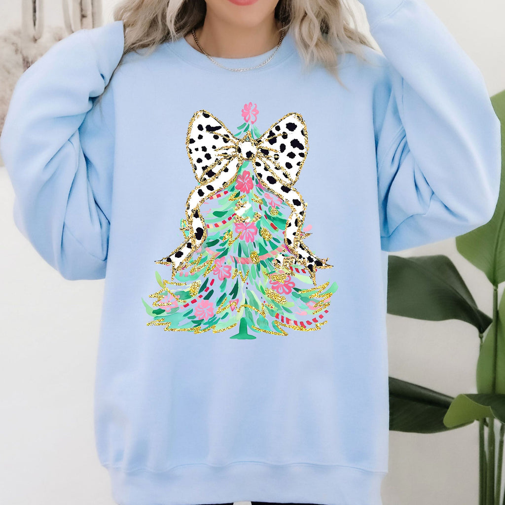 Whimsical Pastel Christmas Tree Coquette Ribbon Bow Dalmatian Print Xmas Sweatshirt