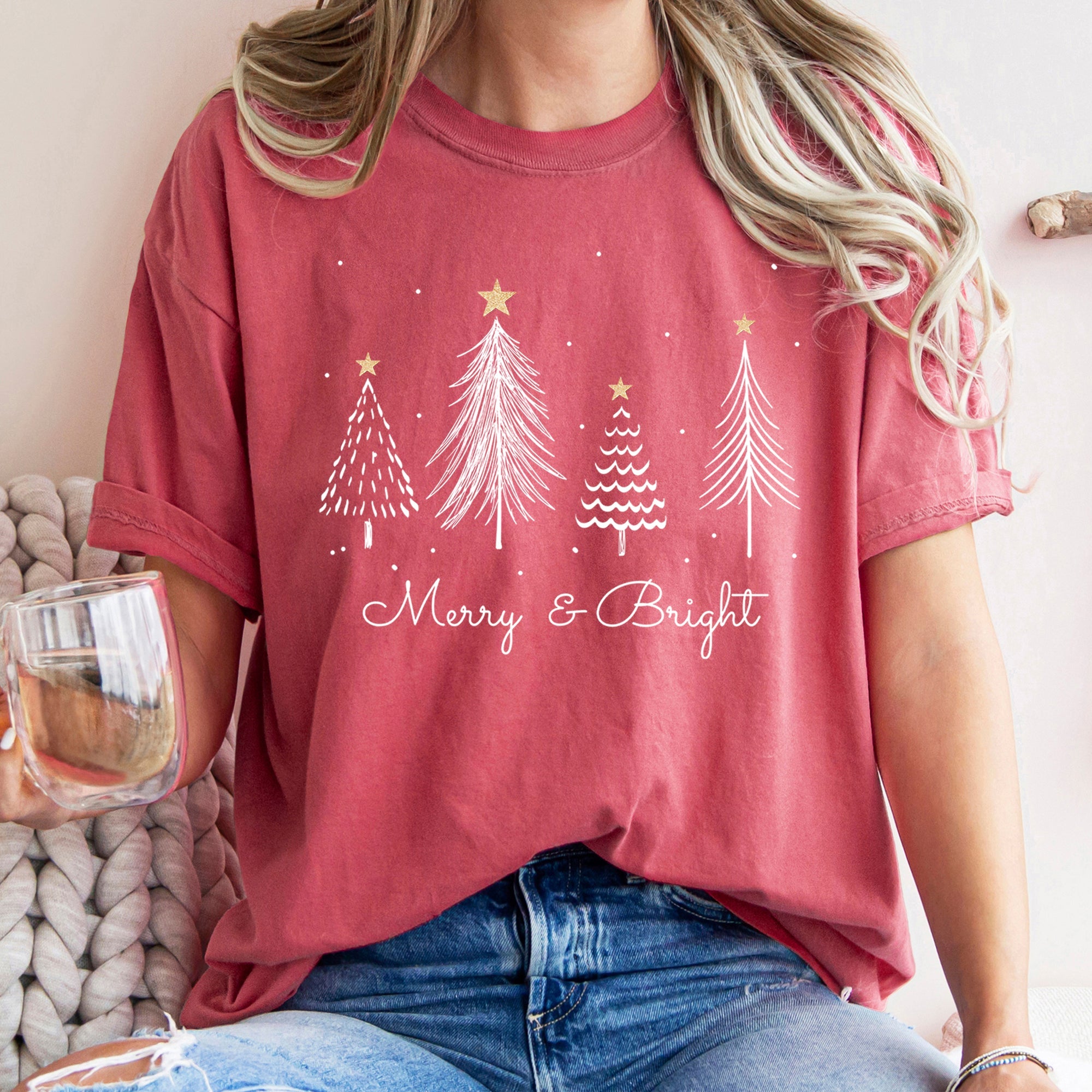 Merry And Bright Christmas Trees With Gold Star Yuletide Celebration Comfort Colors Tee