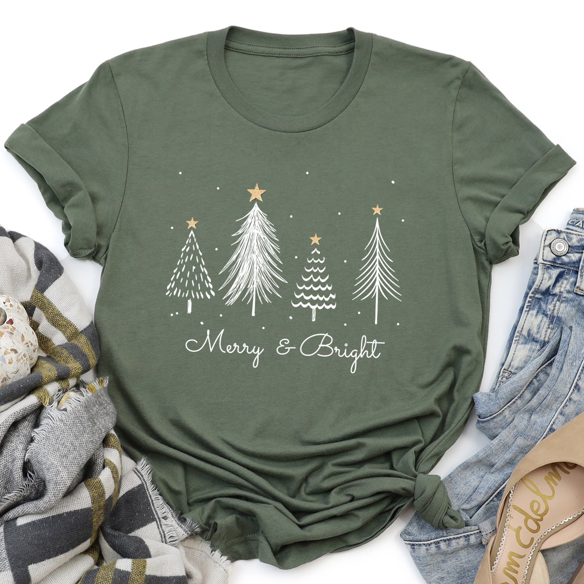Merry And Bright Christmas Trees With Gold Star And Subtle Snowflake Accents Graphic Tee