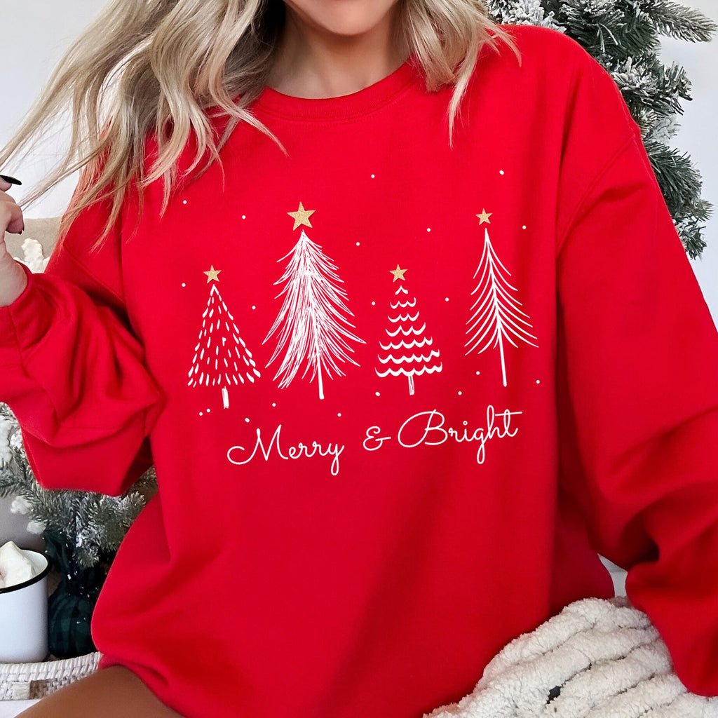 Merry And Bright Christmas Trees Festive Cozy Winter Holiday Seasonal Graphic Sweatshirt