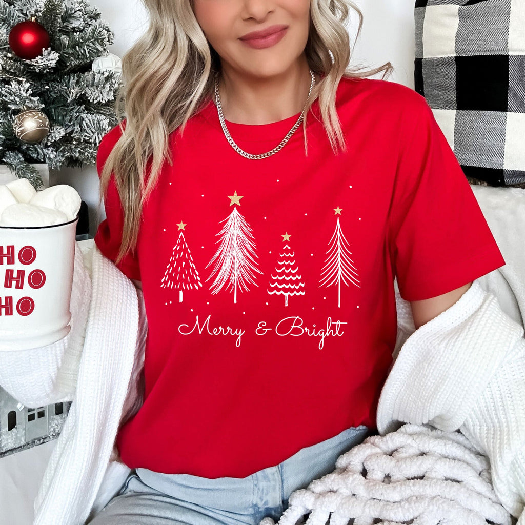Merry And Bright Christmas Trees With Gold Star And Subtle Snowflake Accents Graphic Tee