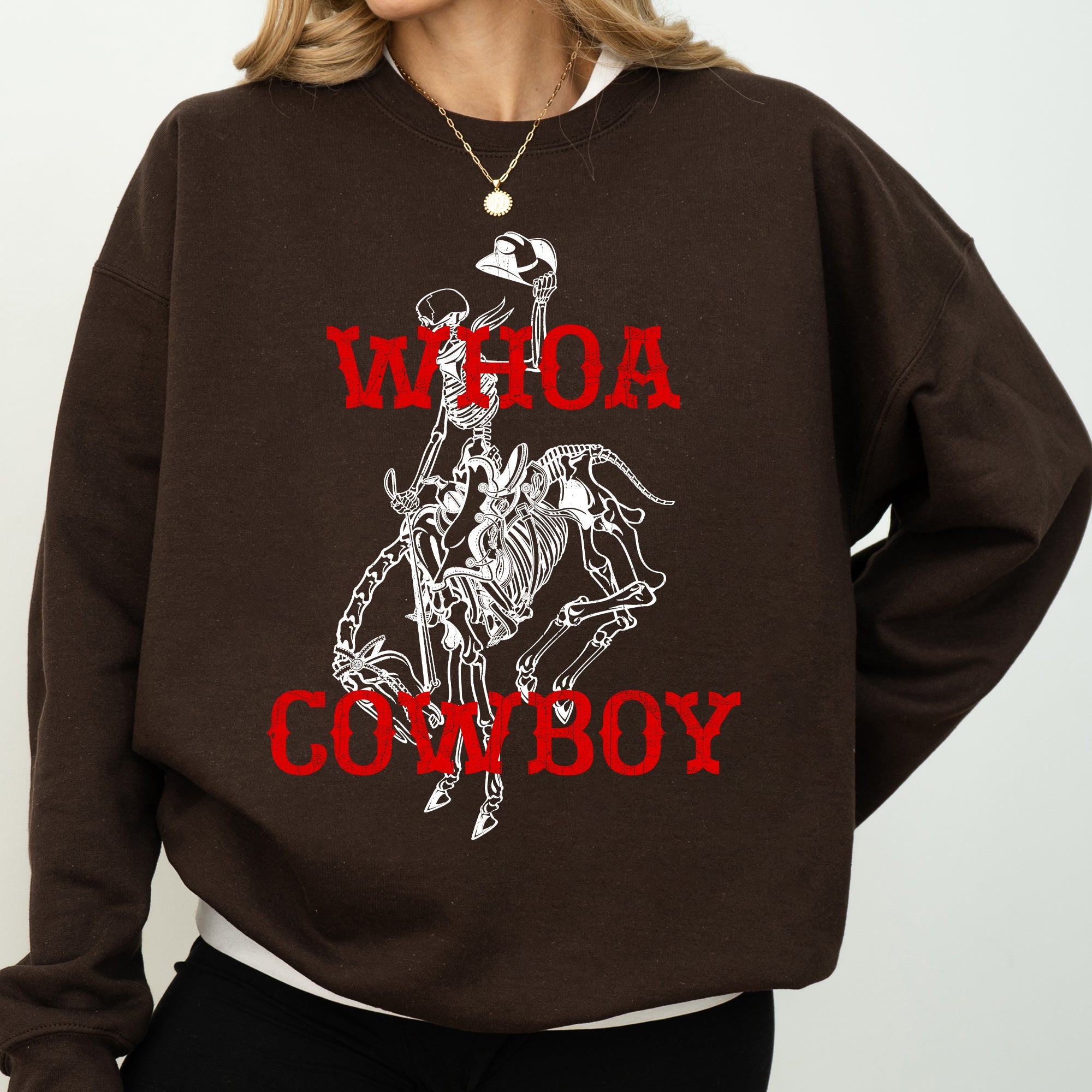 Whoa Cowboy Bronco Ride Rodeo Skeleton Illustration Across The Wild West Theme Stories Sweatshirt