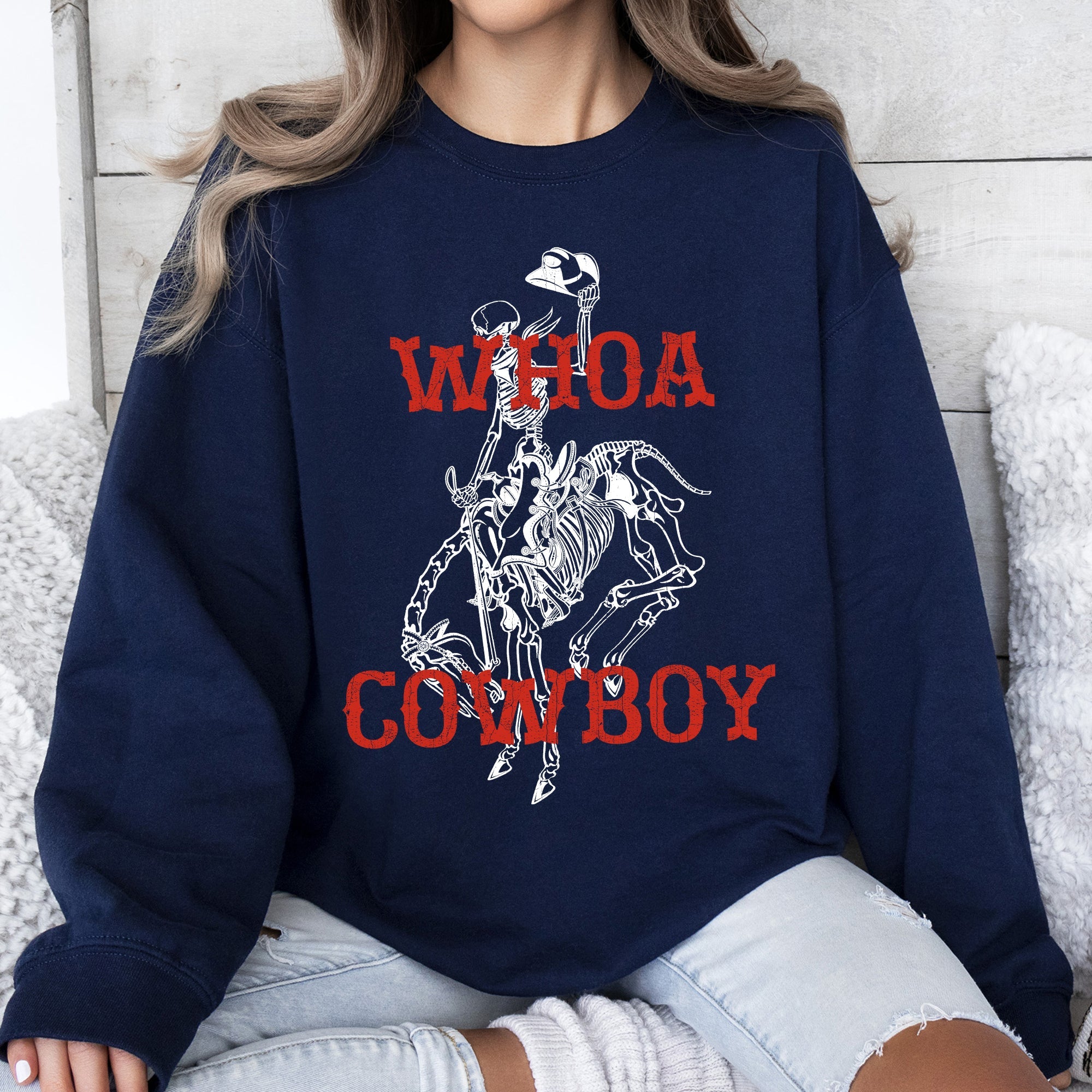 Whoa Cowboy Bronco Ride Rodeo Skeleton Illustration Across The Wild West Theme Stories Sweatshirt