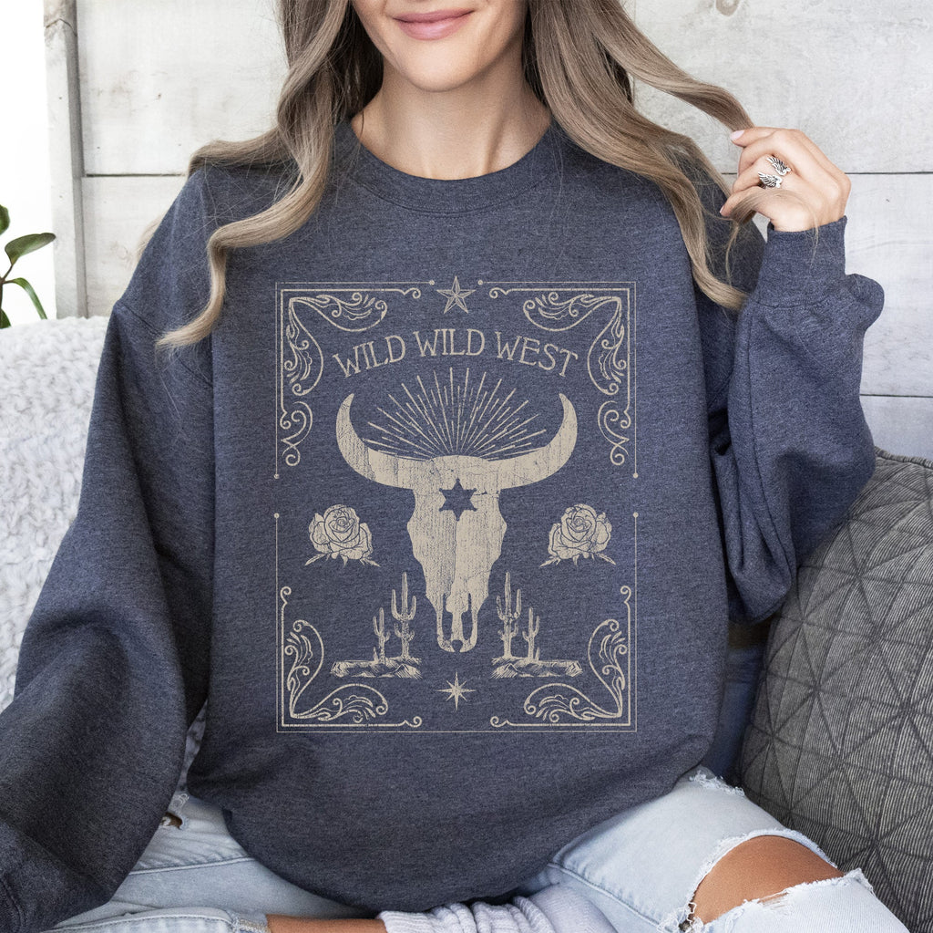 Wild Wild West Cow Skull Rose Western Country Frontier Spirit Living Ranch Heritage Sweatshirt