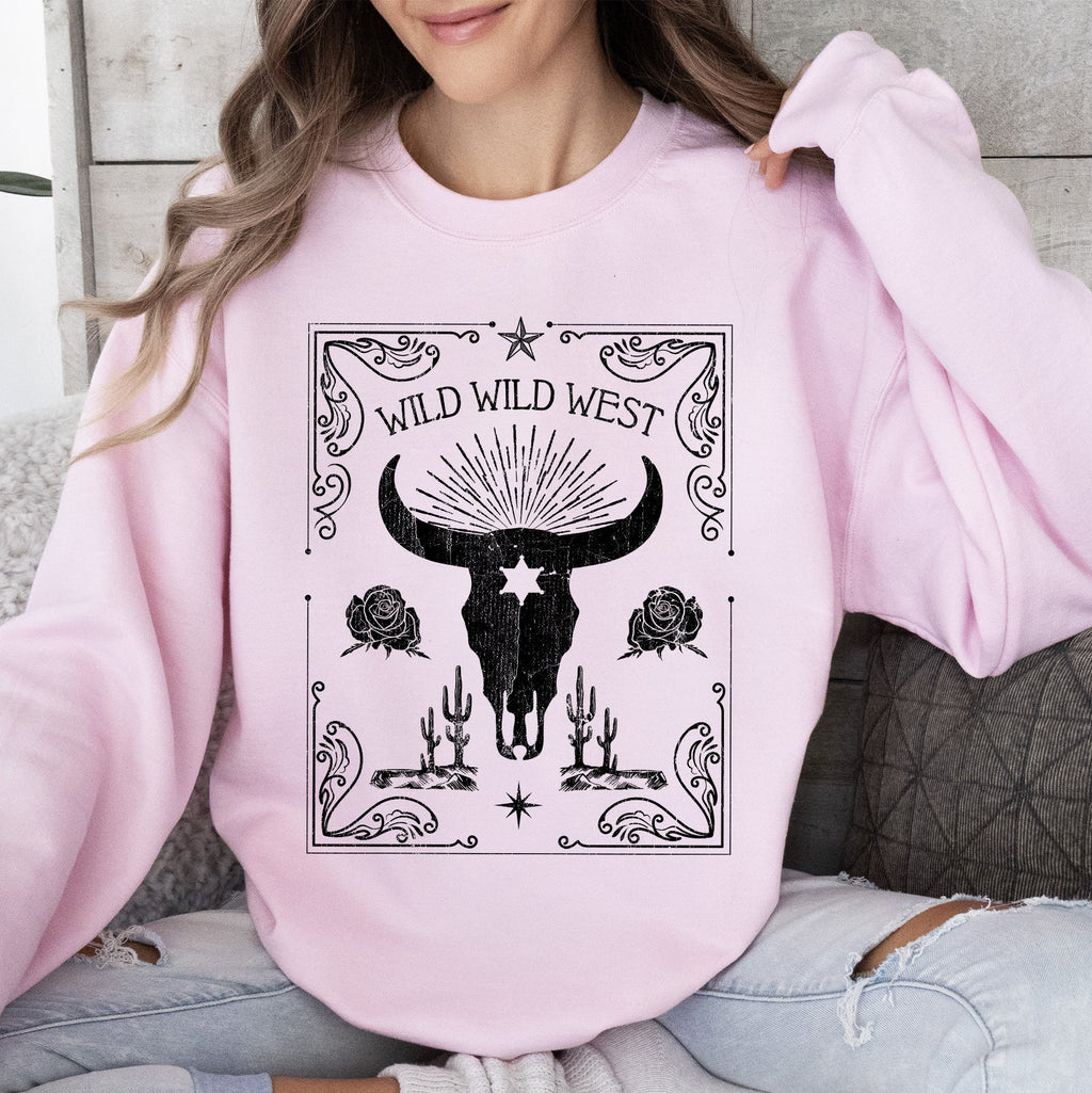 Wild Wild West Cow Skull Rose Western Country Frontier Spirit Living Ranch Heritage Sweatshirt