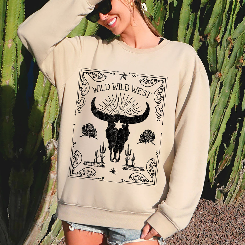 Wild Wild West Cow Skull Rose Western Country Frontier Spirit Living Ranch Heritage Sweatshirt