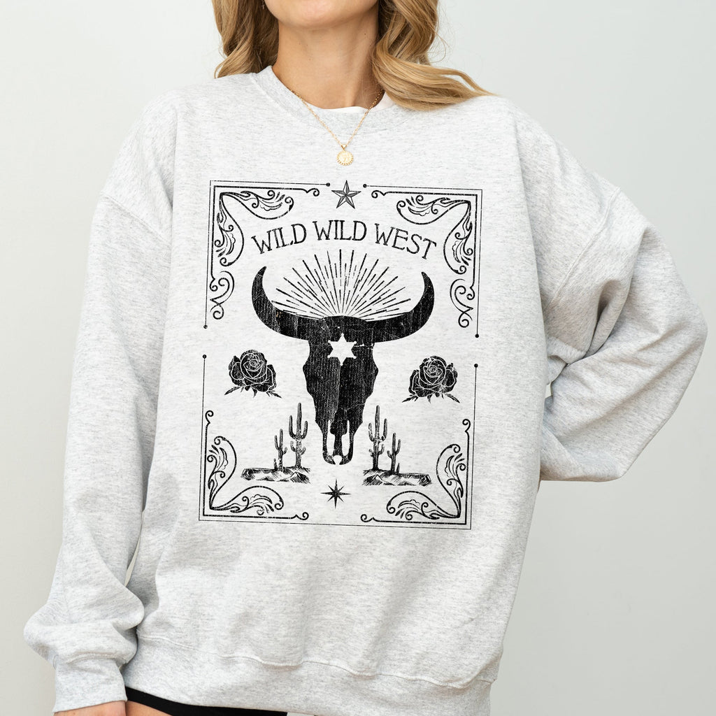 Wild Wild West Skull Cattle Cowboy Cowgirl Western Frontier Legend Saloon Style Sweatshirt