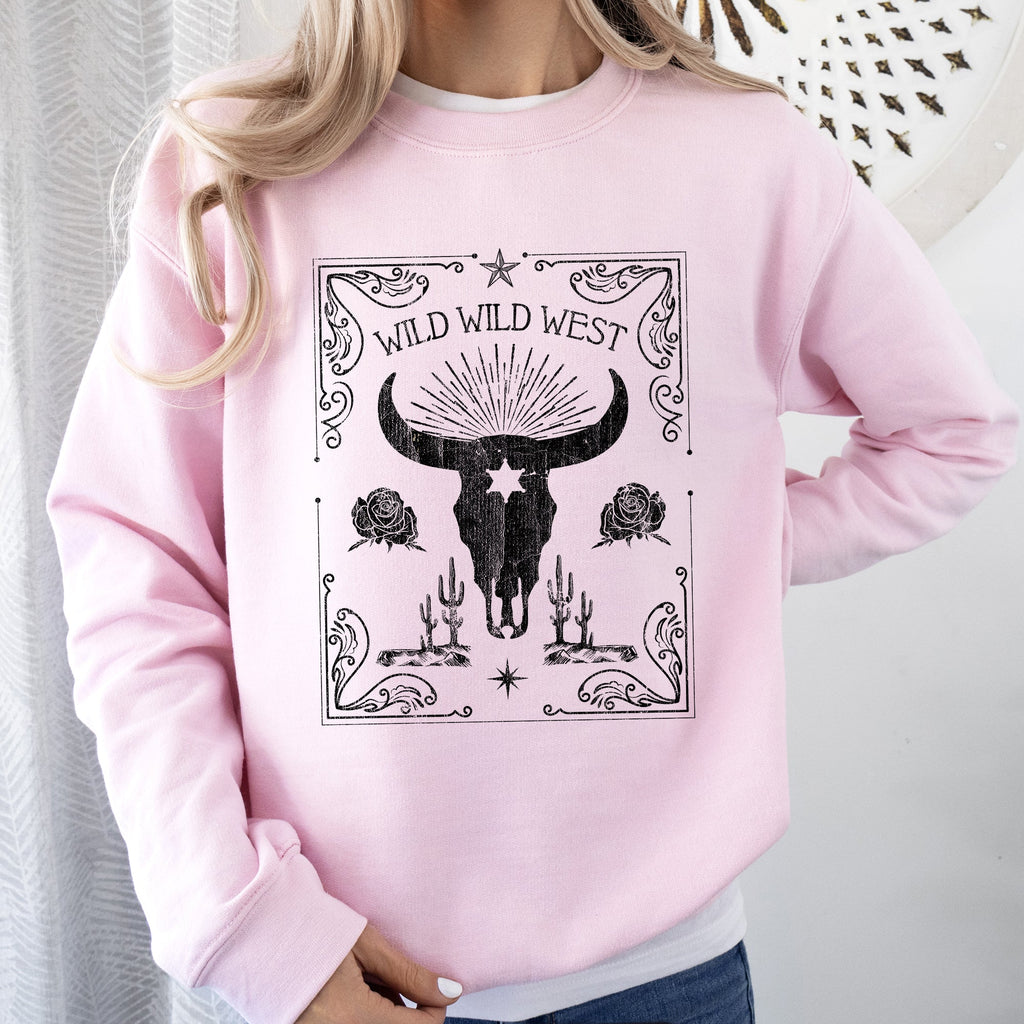 Wild Wild West Skull Cattle Cowboy Cowgirl Western Frontier Legend Saloon Style Sweatshirt