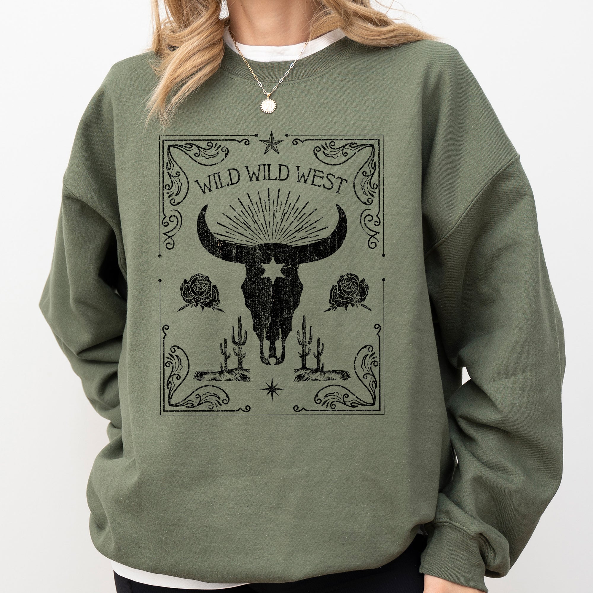 Wild Wild West Skull Cattle Cowboy Cowgirl Western Frontier Legend Saloon Style Sweatshirt