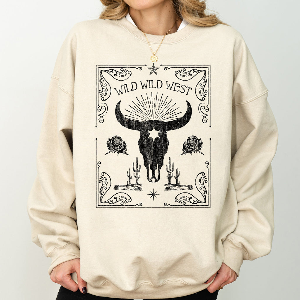 Wild Wild West Skull Cattle Cowboy Cowgirl Western Frontier Legend Saloon Style Sweatshirt