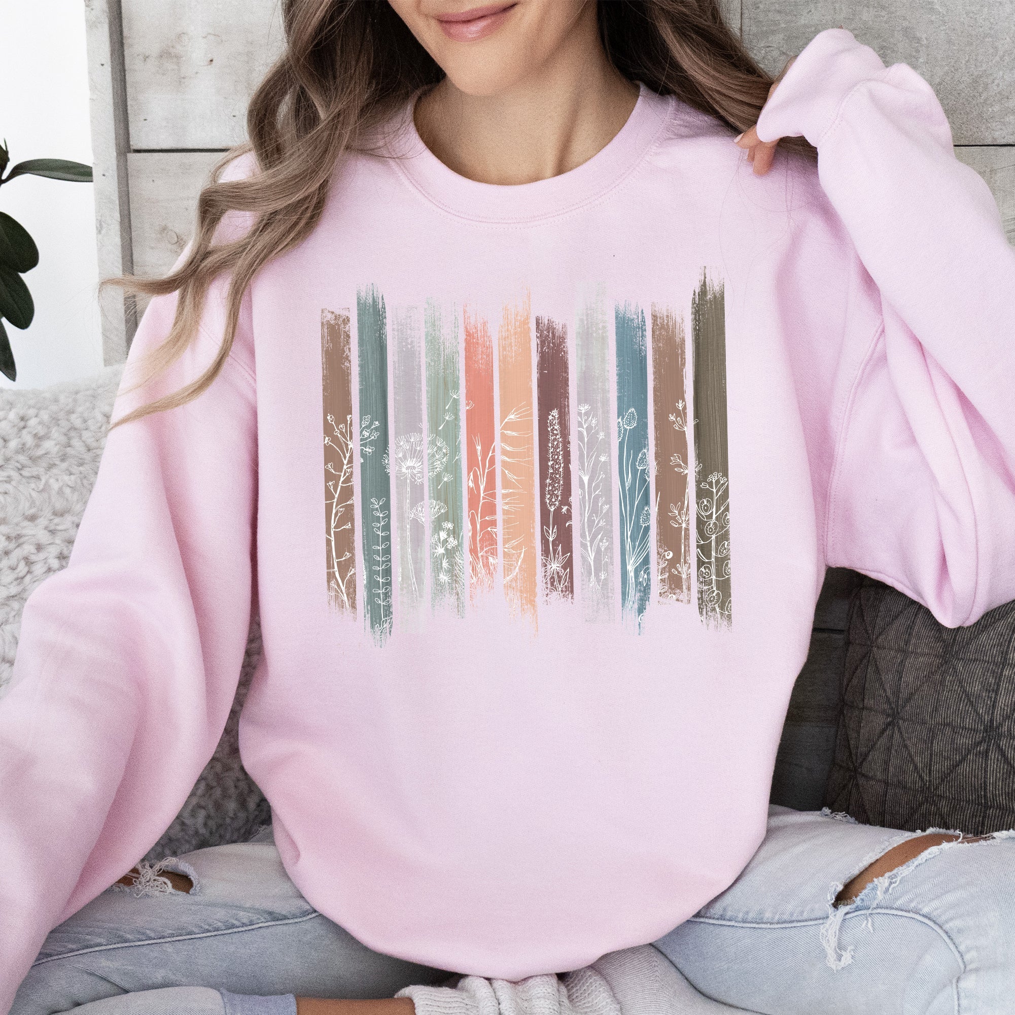 Wildflowers Nature Floral Botanical Stripes Garden Inspired Print Soft Cotton Blend Sweatshirt