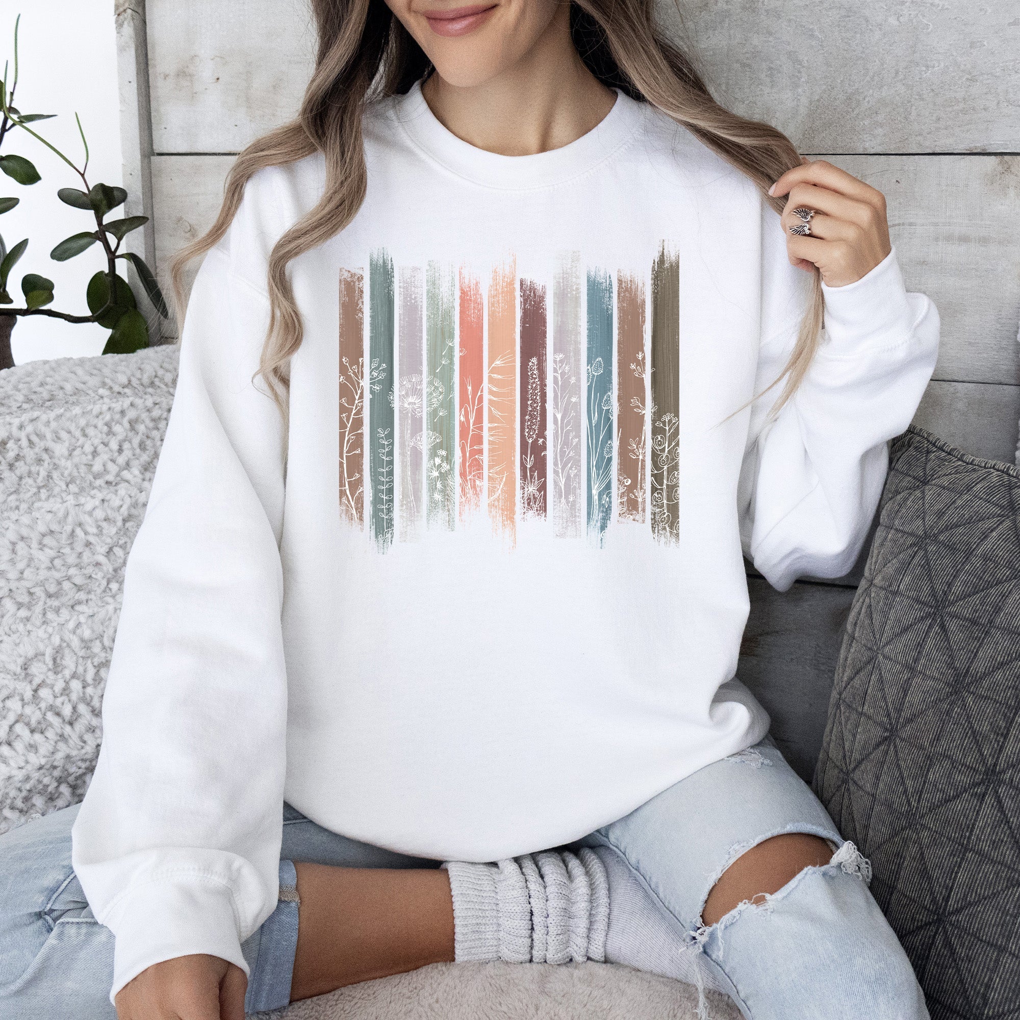 Wildflowers Nature Floral Botanical Stripes Garden Inspired Print Soft Cotton Blend Sweatshirt