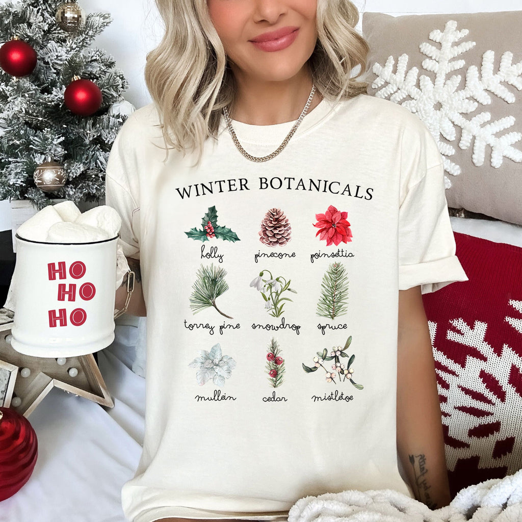 Winter Botanicals Holly Poinsettia Pine Tree Seasonal Holiday Design Comfort Colors Tee