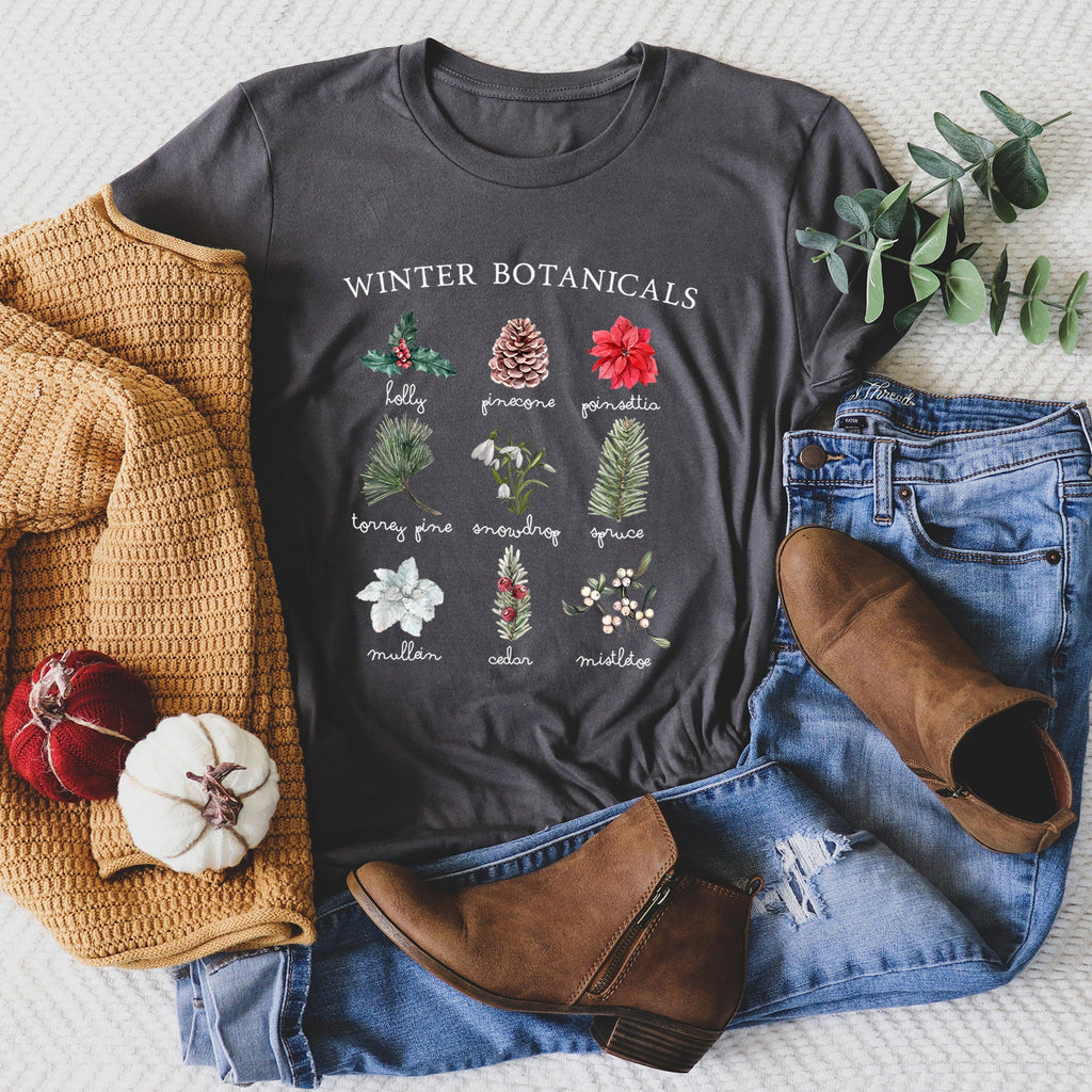 Winter Botanicals Holly Poinsettia Pine Tree Seasonal Florals Edition Graphic Tee