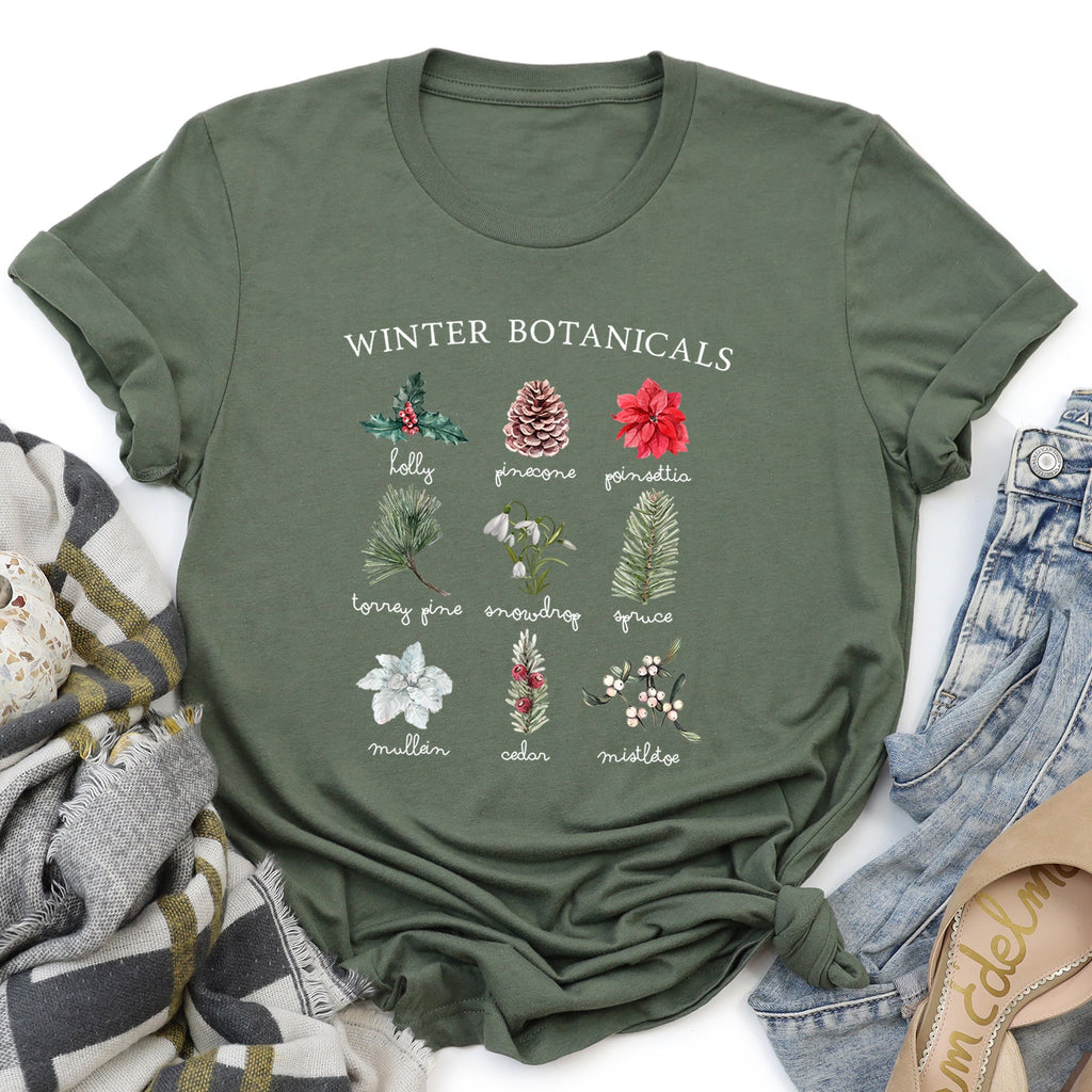 Winter Botanicals Holly Poinsettia Pine Tree Seasonal Florals Edition Graphic Tee