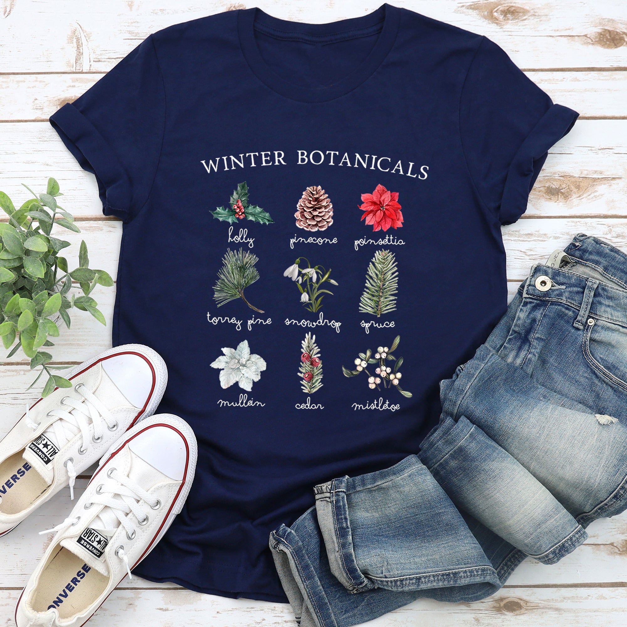Winter Botanicals Holly Poinsettia Pine Tree Seasonal Florals Edition Graphic Tee