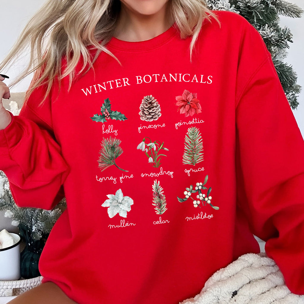Winter Botanicals Holly Poinsettia Christmas Botanical Print Cozy Soft Sweatshirt
