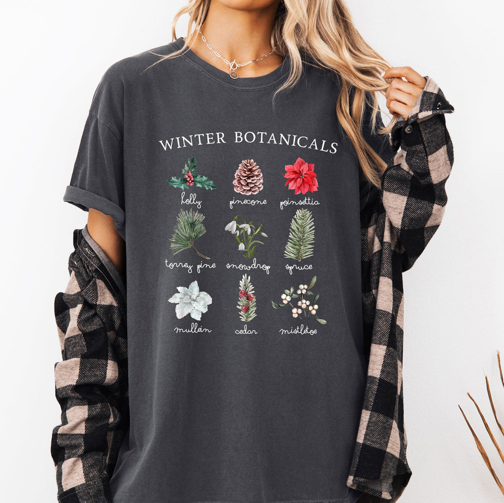 Winter Botanicals Holly Poinsettia Pine Tree Snow Xmas Holiday Floral Comfort Colors Tee
