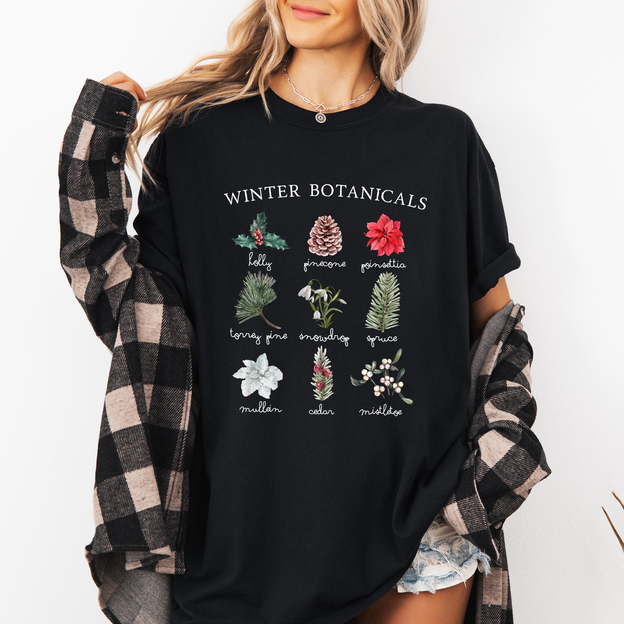 Winter Botanicals Holly Poinsettia Pine Tree Snow Xmas Holiday Floral Comfort Colors Tee