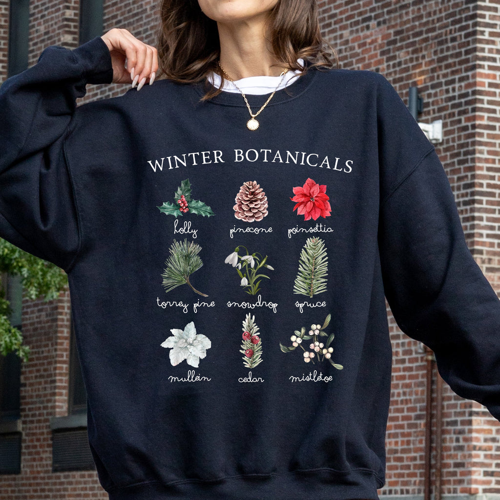Winter Botanicals Holly Poinsettia Pine Tree Snow Xmas Seasonal Print Sweatshirt