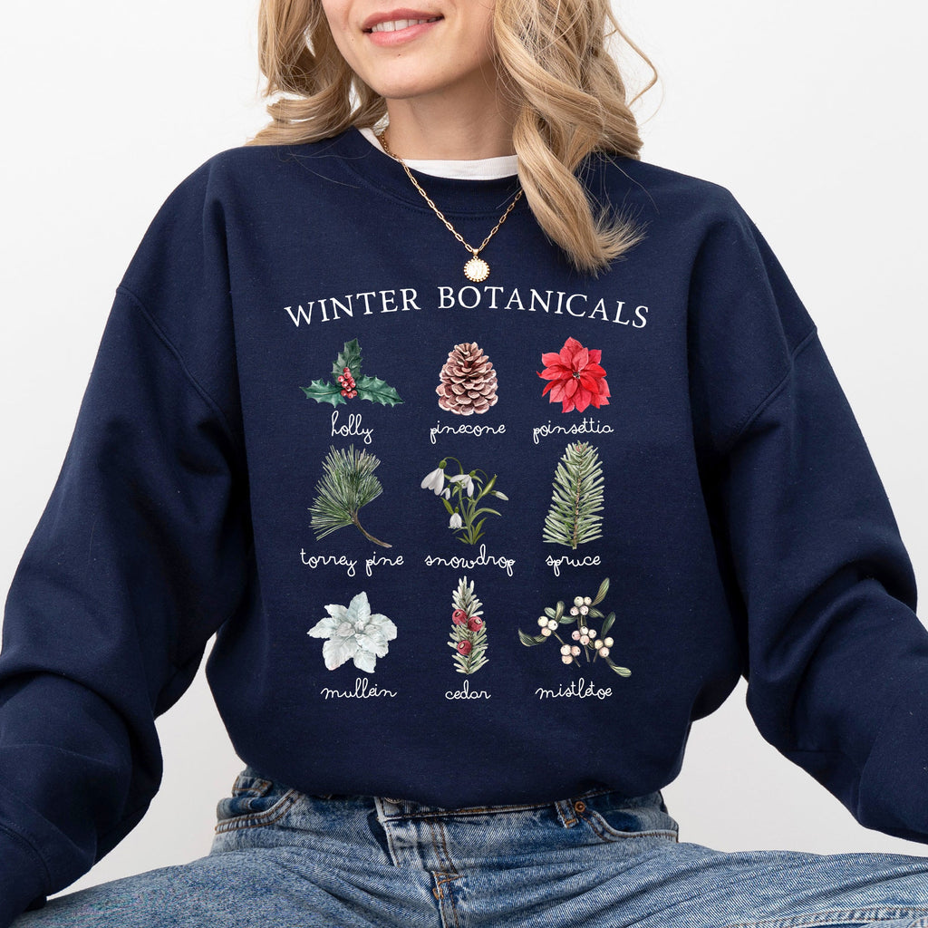 Winter Botanicals Holly Poinsettia Pine Tree Snow Xmas Seasonal Print Sweatshirt