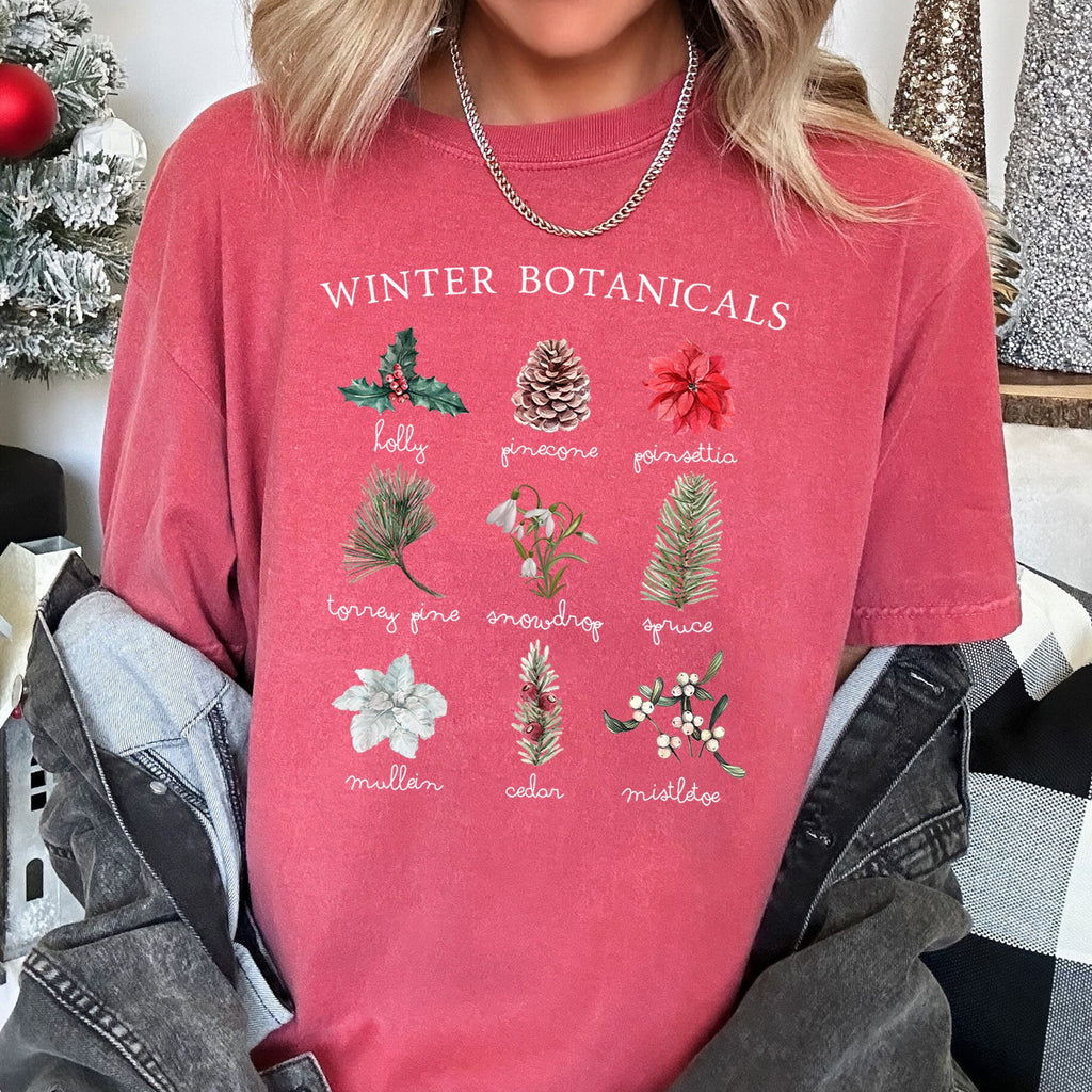 Winter Botanicals Holly Poinsettia Pine Tree Seasonal Holiday Design Comfort Colors Tee