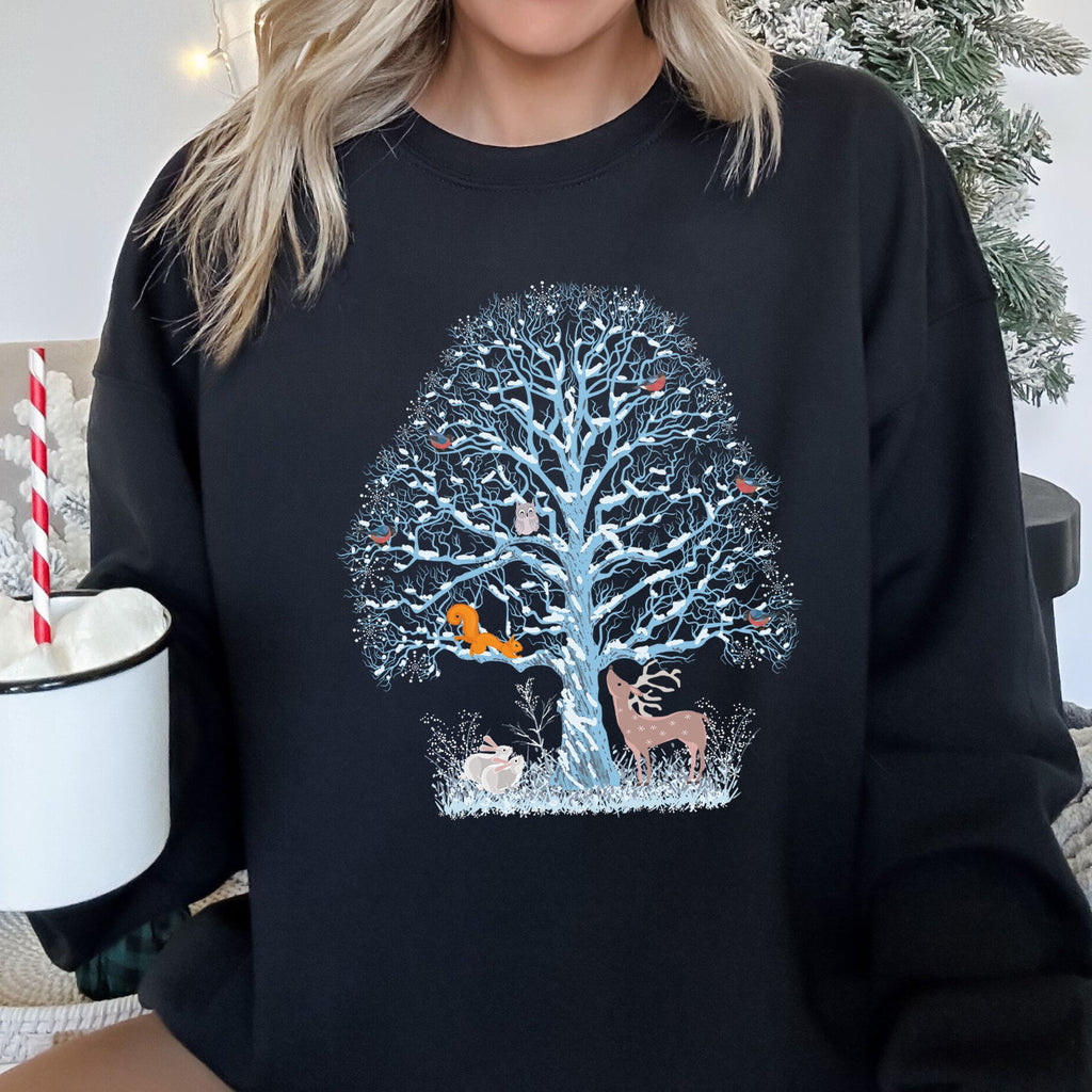 Winter Tree Filled With Animals Christmas Wildlife Woodland Scene Cozy Sweatshirt