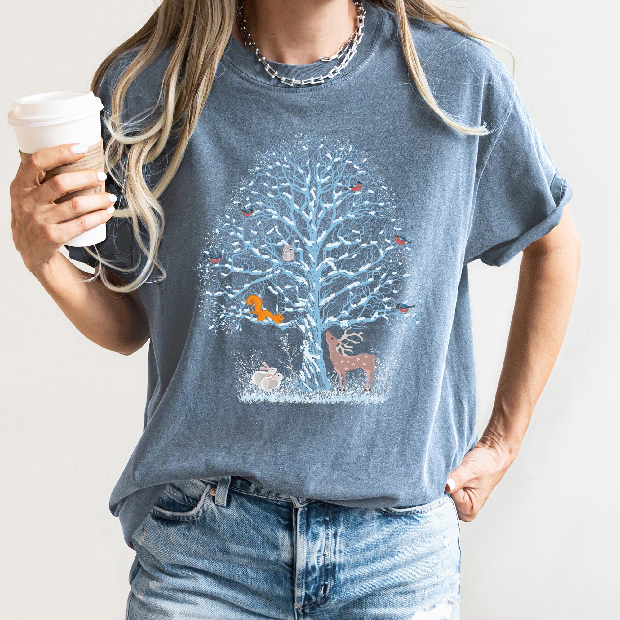 Winter Tree Filled With Animals, Christmas, Deer, Owl Illustration Comfort Colors Tee