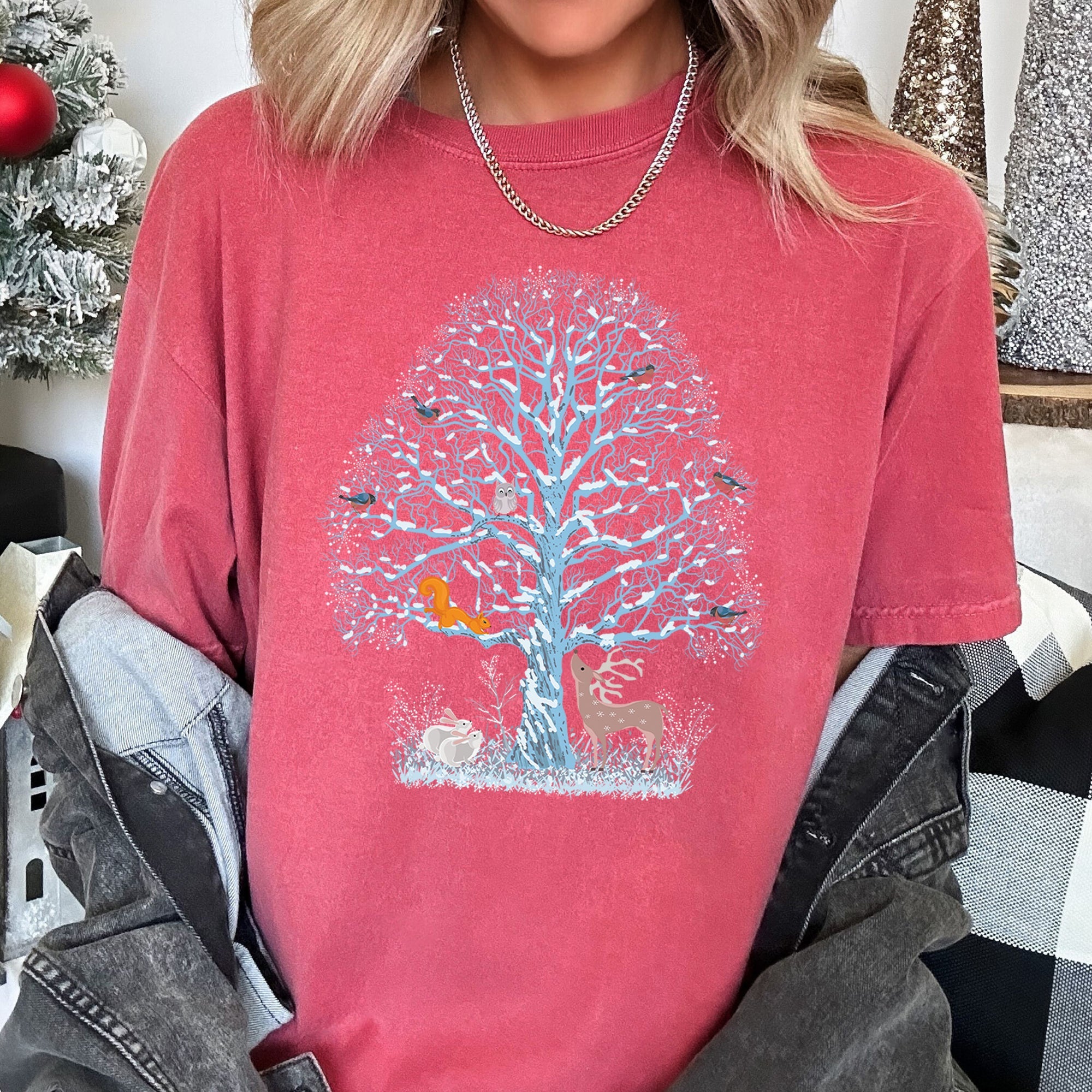 Winter Tree Filled With Animals, Christmas, Deer, Owl Illustration Comfort Colors Tee