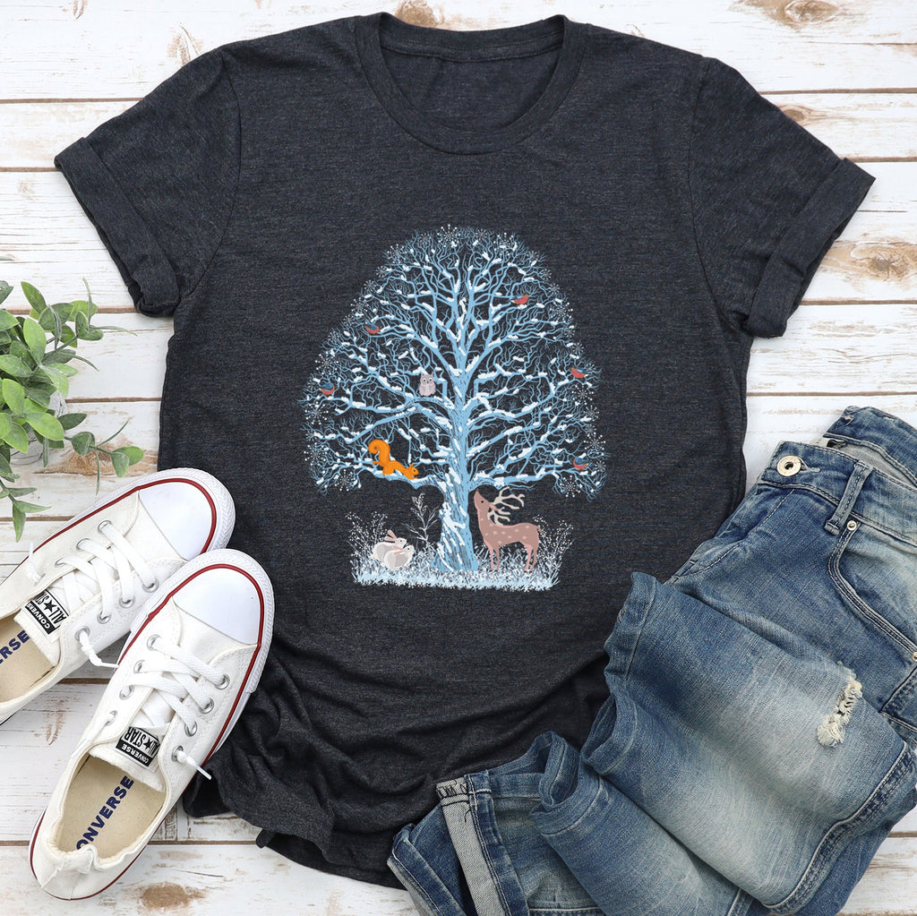 Winter Tree Filled With Animals Christmas Deer Owl Forest Wildlife Edition Graphic Tee