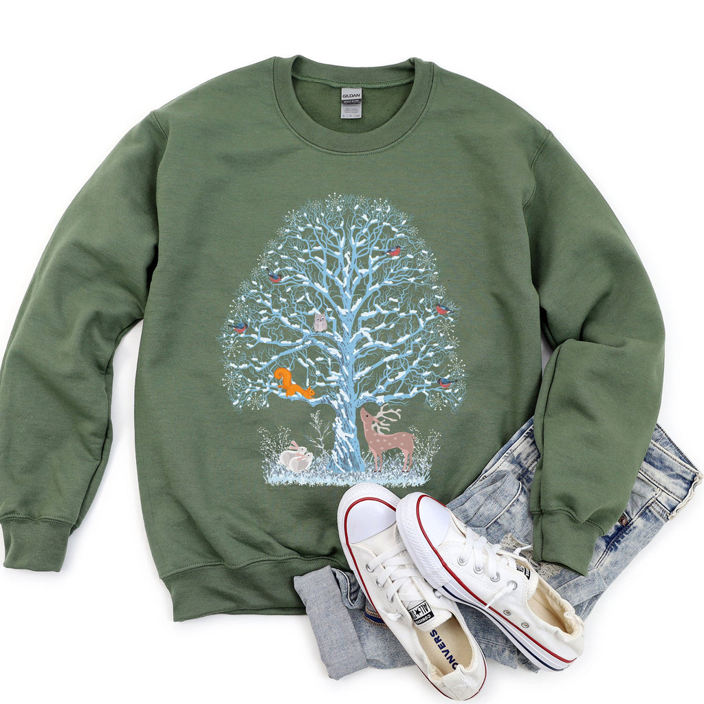 Winter Tree Filled With Animals Christmas Wildlife Woodland Scene Cozy Sweatshirt