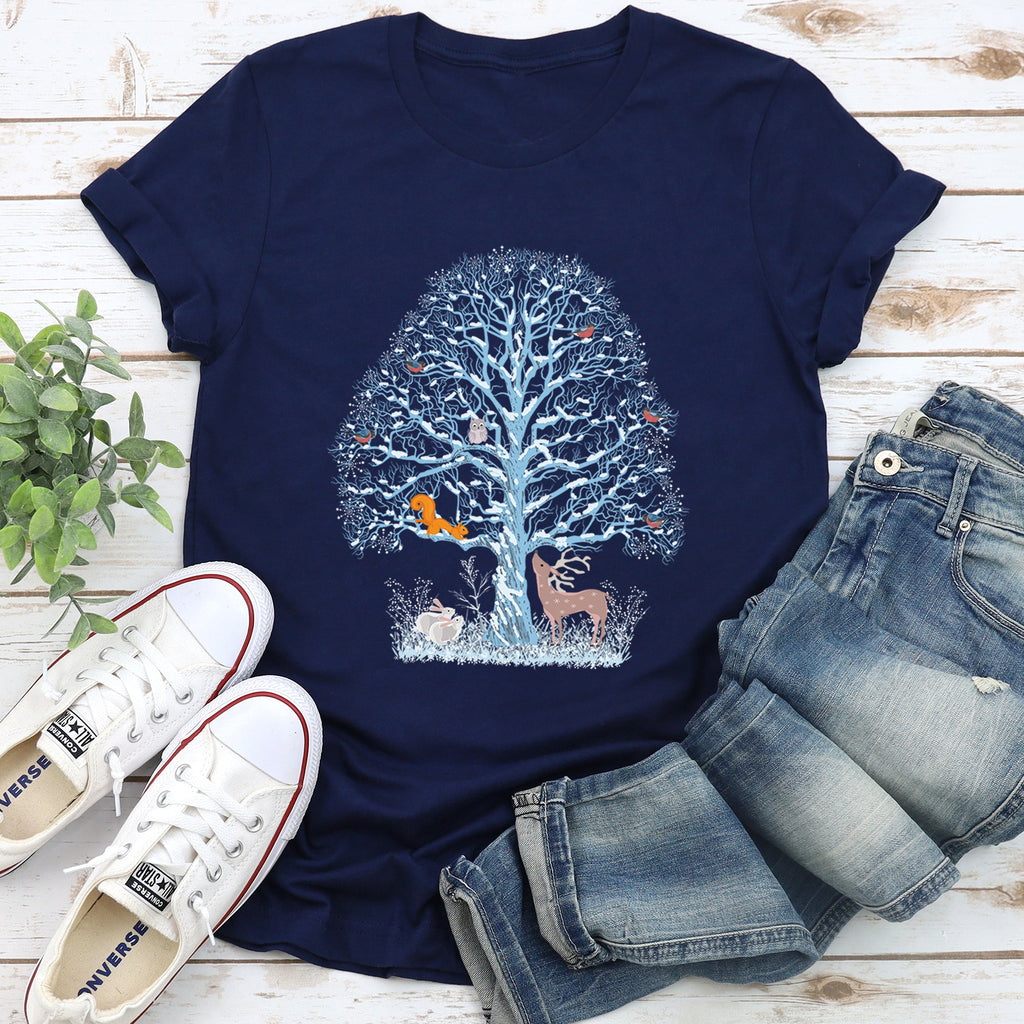 Winter Tree Filled With Animals Christmas Deer Owl Forest Wildlife Edition Graphic Tee
