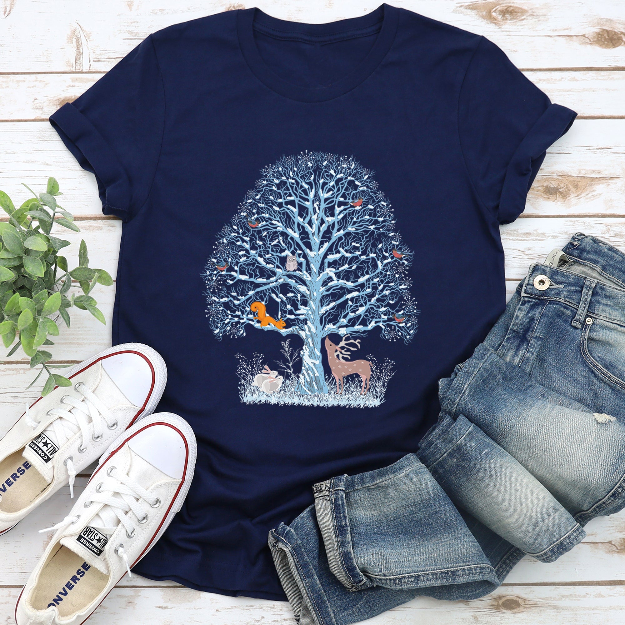 Winter Tree Filled With Animals Christmas Deer Owl Forest Wildlife Edition Graphic Tee