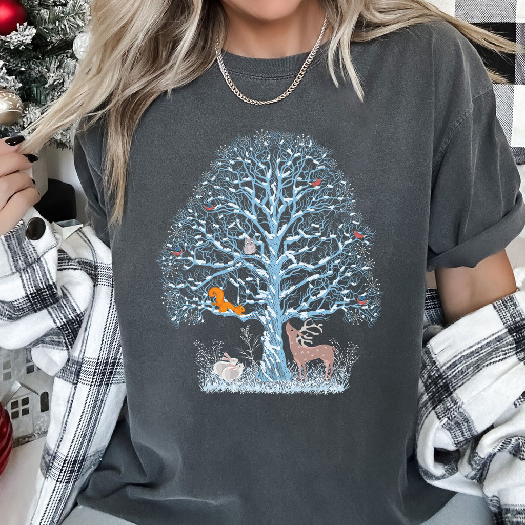 Winter Tree Filled With Animals, Christmas, Deer, Owl Illustration Comfort Colors Tee